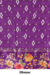 Off white floral design dola silk saree with contrast violet floral border and printed motifs blouse
