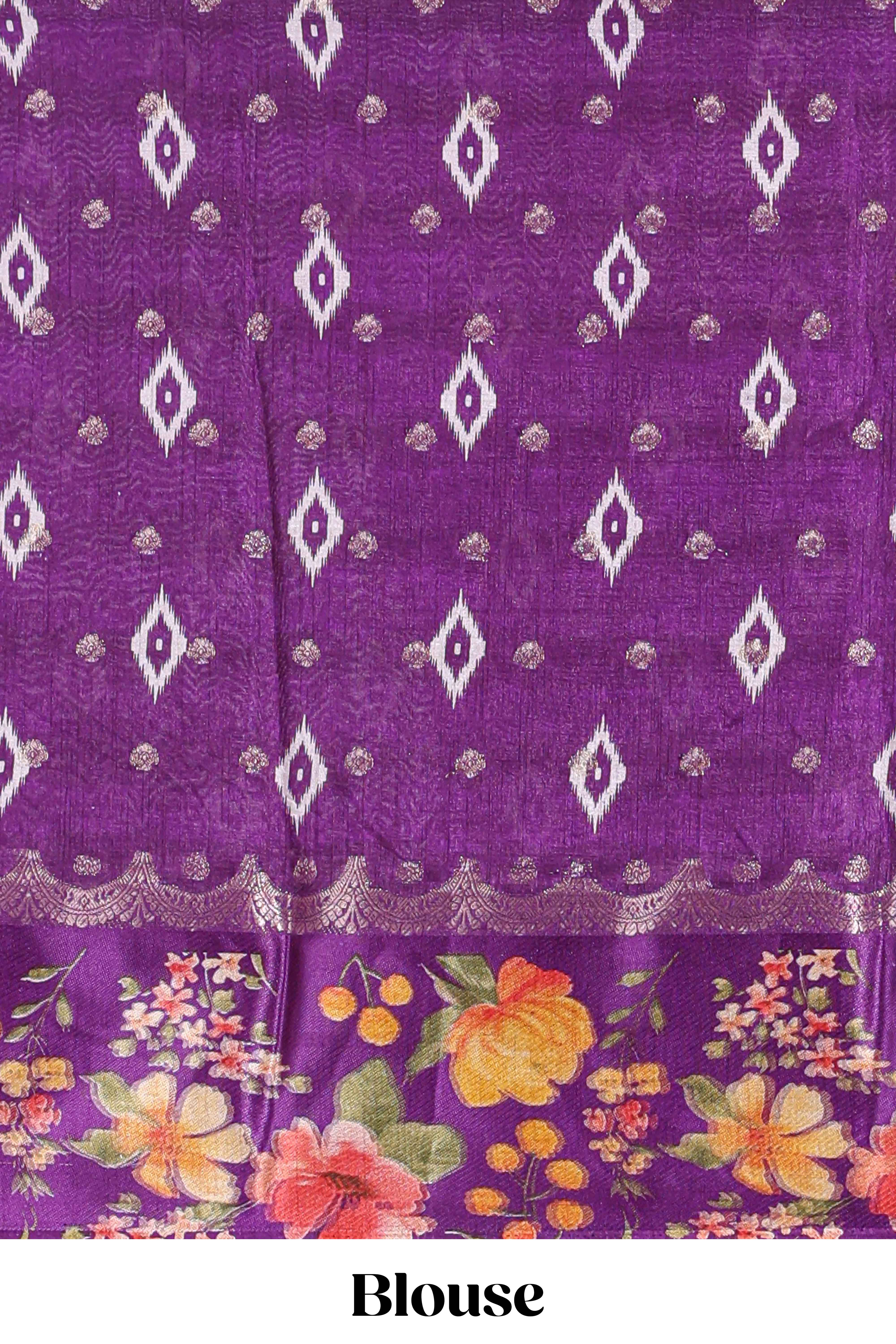 Off white floral design dola silk saree with contrast violet floral border and printed motifs blouse