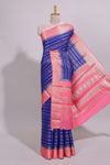Blue zari striped dola silk saree with contrast zari border and striped pallu