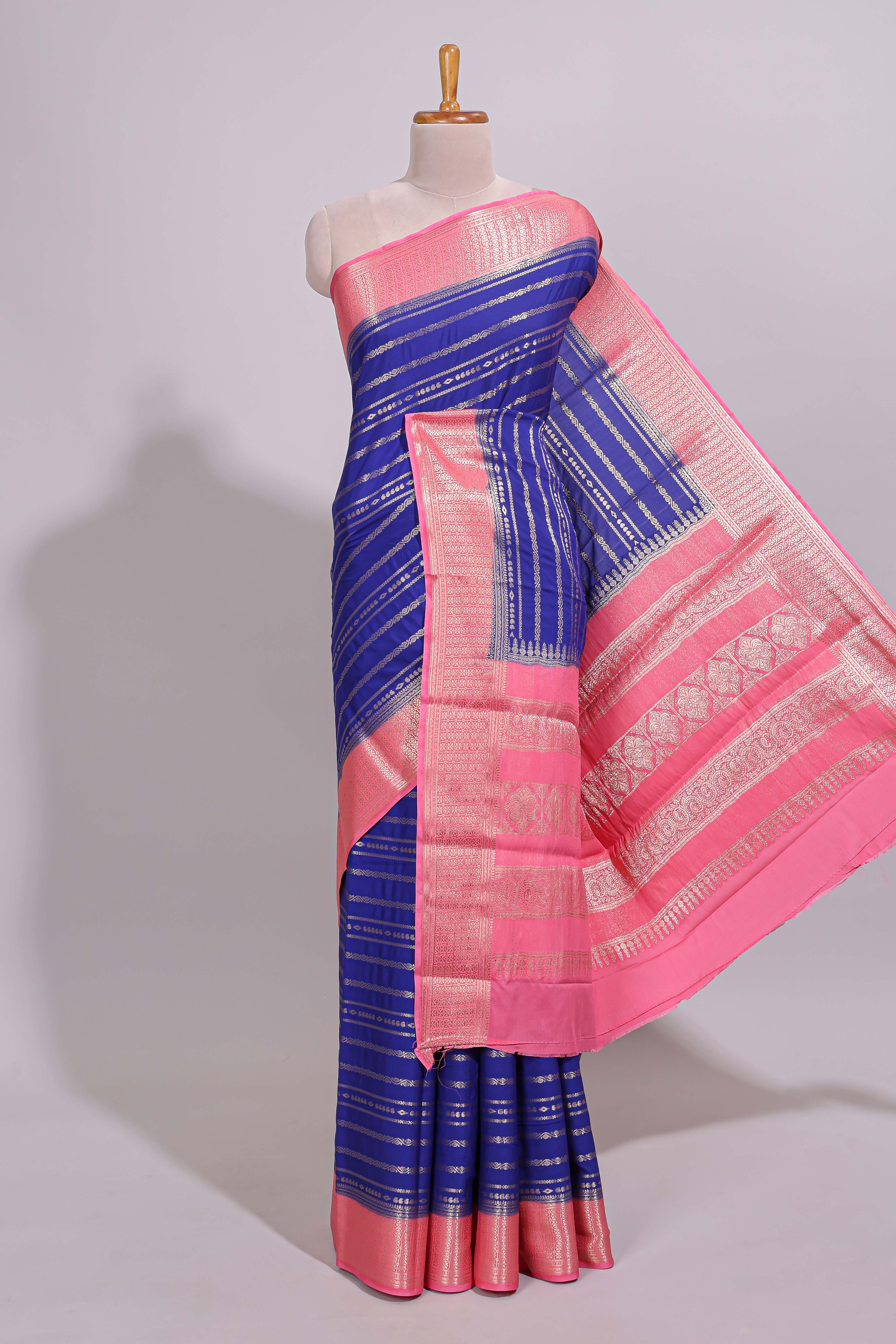Blue zari striped dola silk saree with contrast zari border and striped pallu