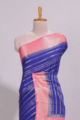 Blue zari striped dola silk saree with contrast zari border and striped pallu