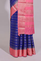 Blue zari striped dola silk saree with contrast zari border and striped pallu
