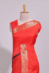 Black zari striped motifs dola silk saree with contrast red border and zari motifs blouse