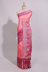 Peach zari striped dola silk saree with contrast zari border and floral printed pallu