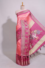 Peach zari striped dola silk saree with contrast zari border and floral printed pallu