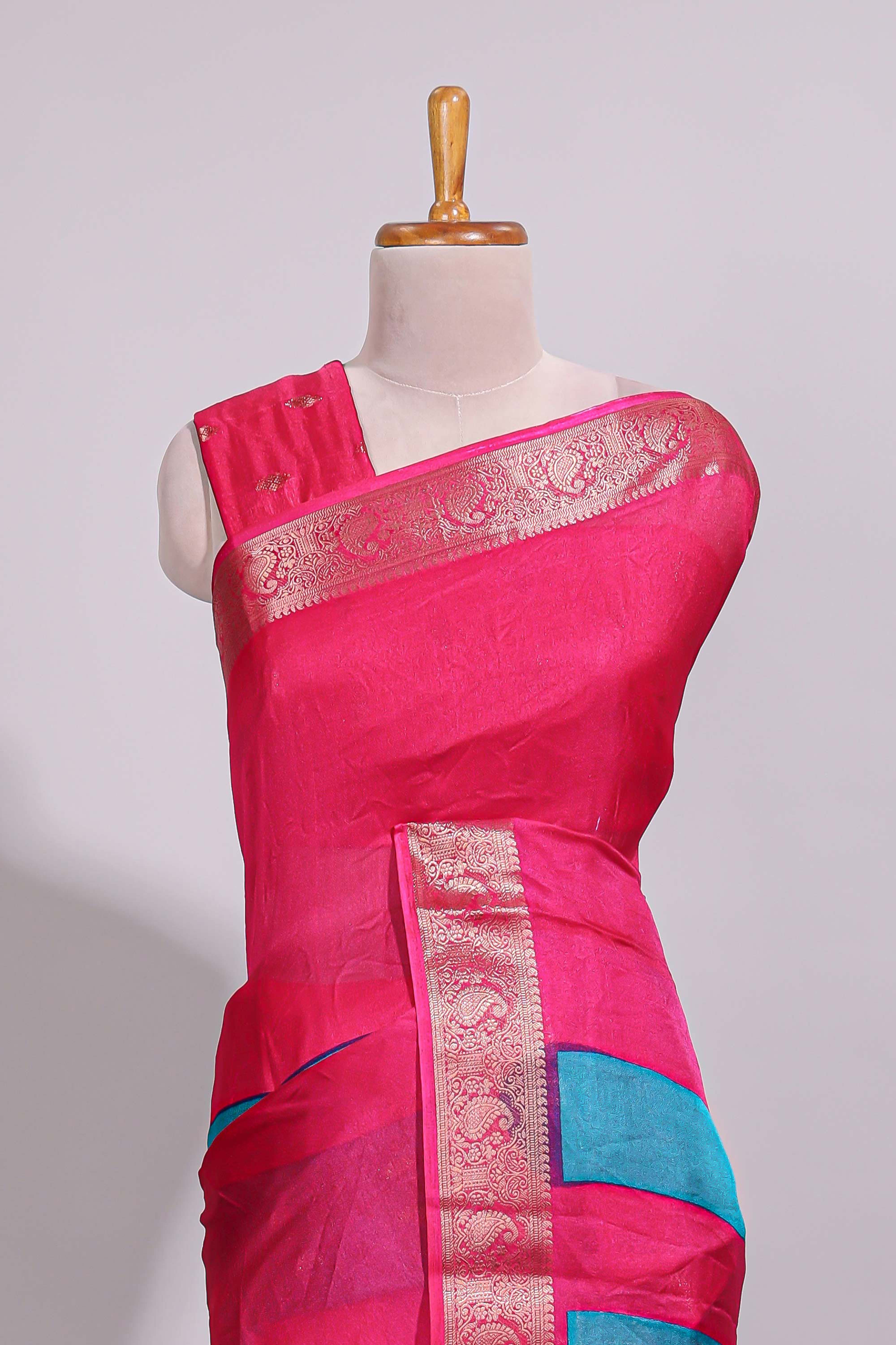 Turquoise blue zari striped motifs dola silk saree with contrast pink border and zari motifs blouse