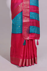 Turquoise blue zari striped motifs dola silk saree with contrast pink border and zari motifs blouse