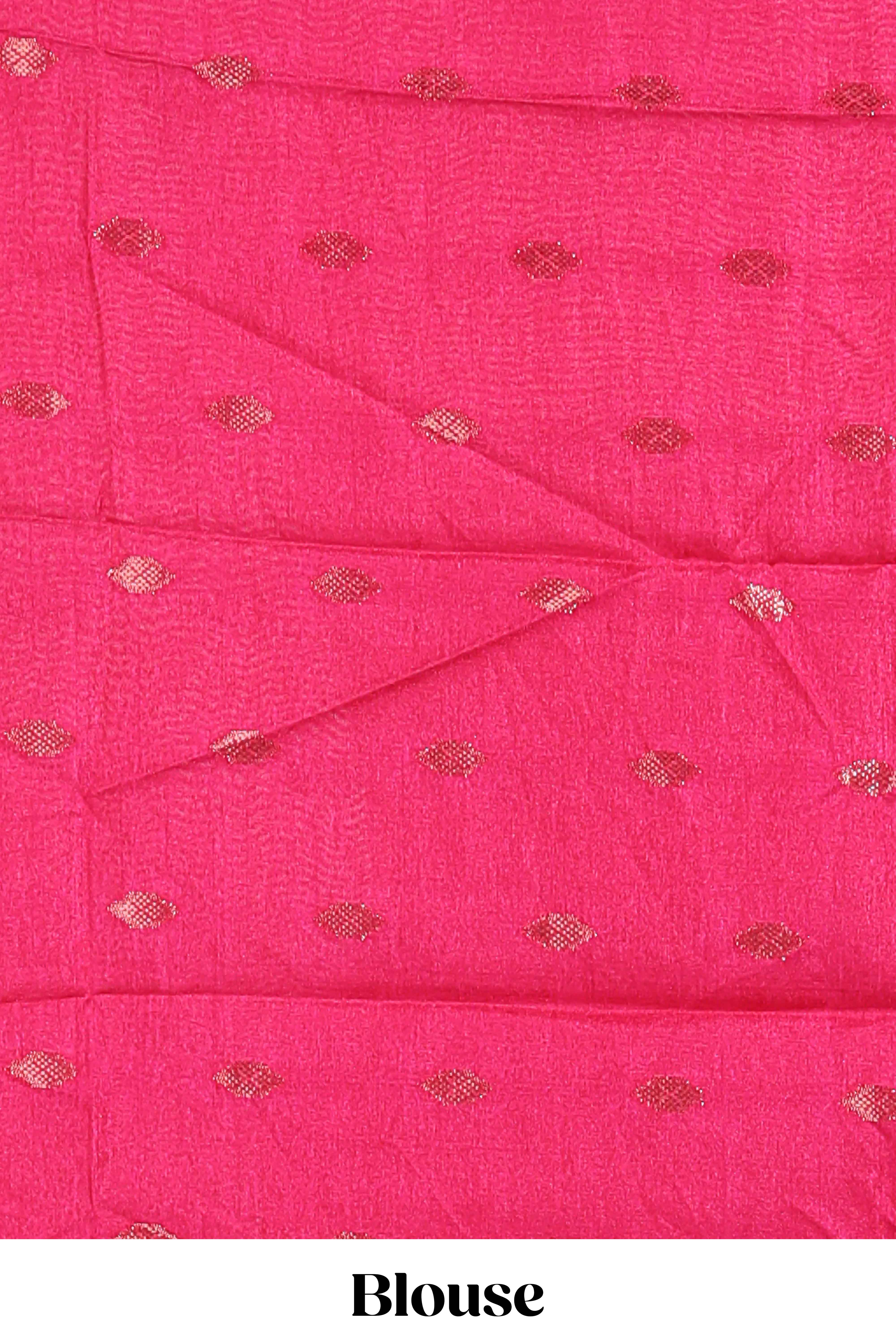 Turquoise blue zari striped motifs dola silk saree with contrast pink border and zari motifs blouse