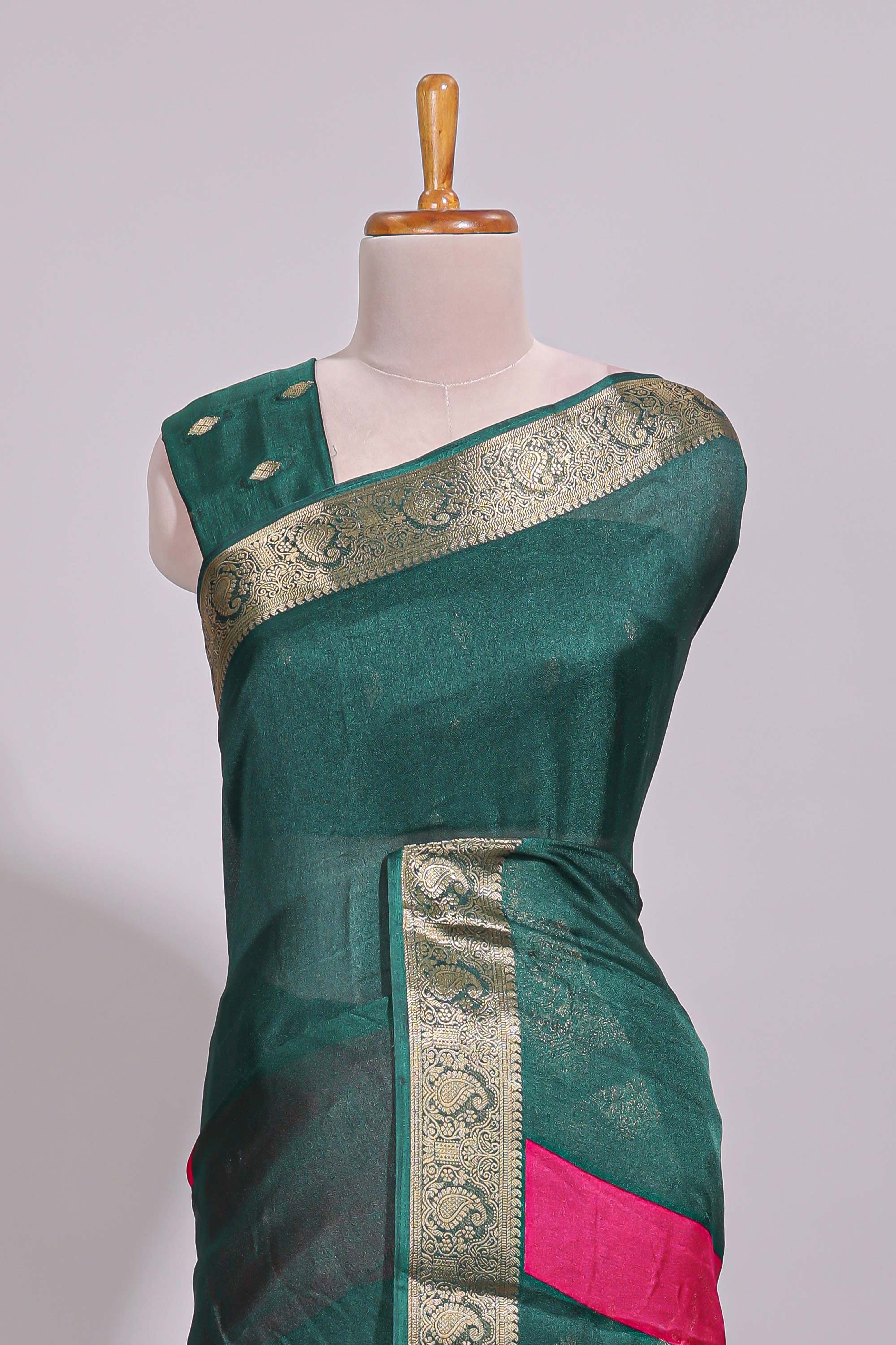 Pink zari striped motifs dola silk saree with contrast green border and zari motifs blouse