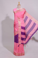Violet zari striped motifs dola silk saree with contrast pink border and zari motifs blouse