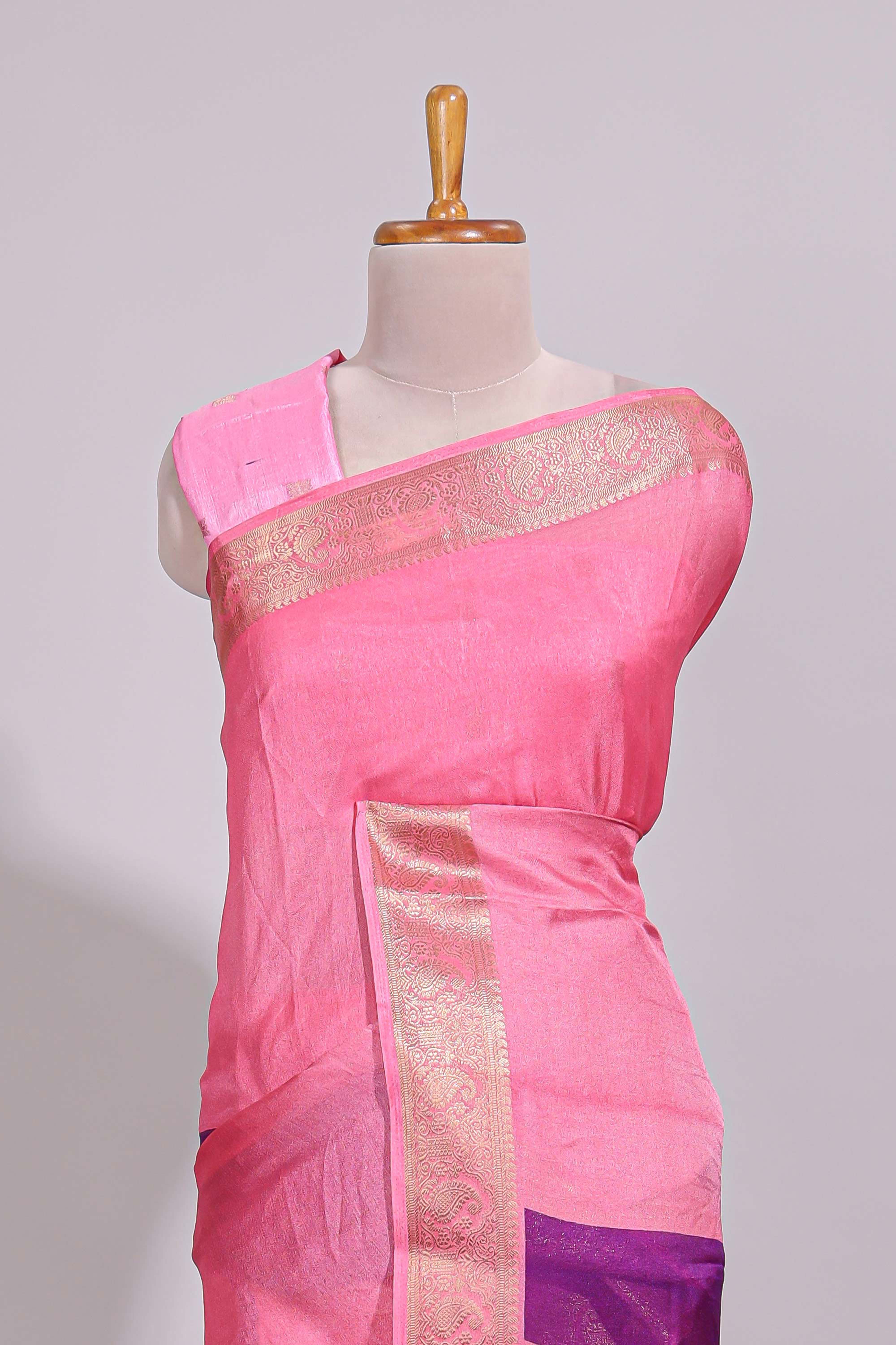 Violet zari striped motifs dola silk saree with contrast pink border and zari motifs blouse