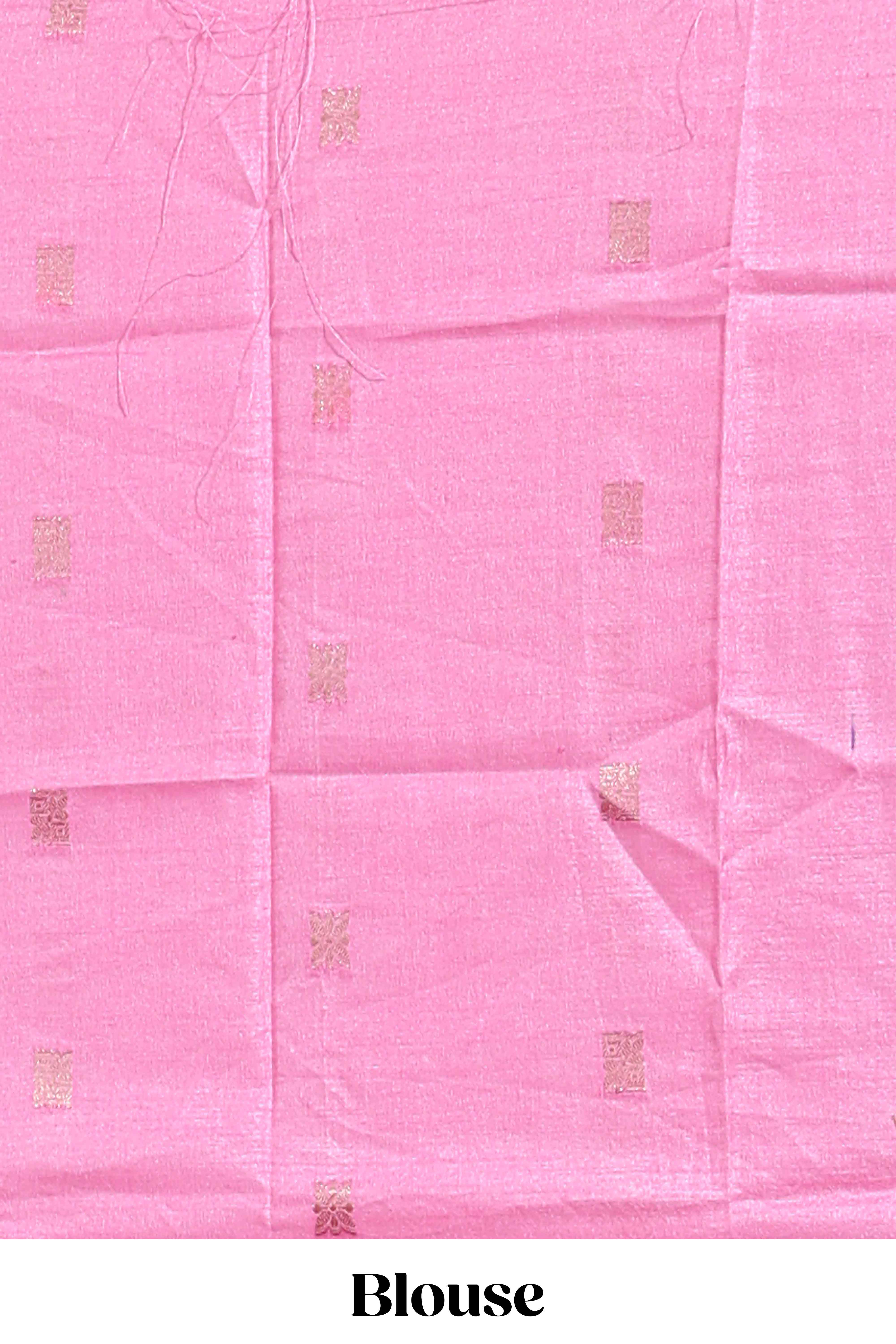 Violet zari striped motifs dola silk saree with contrast pink border and zari motifs blouse