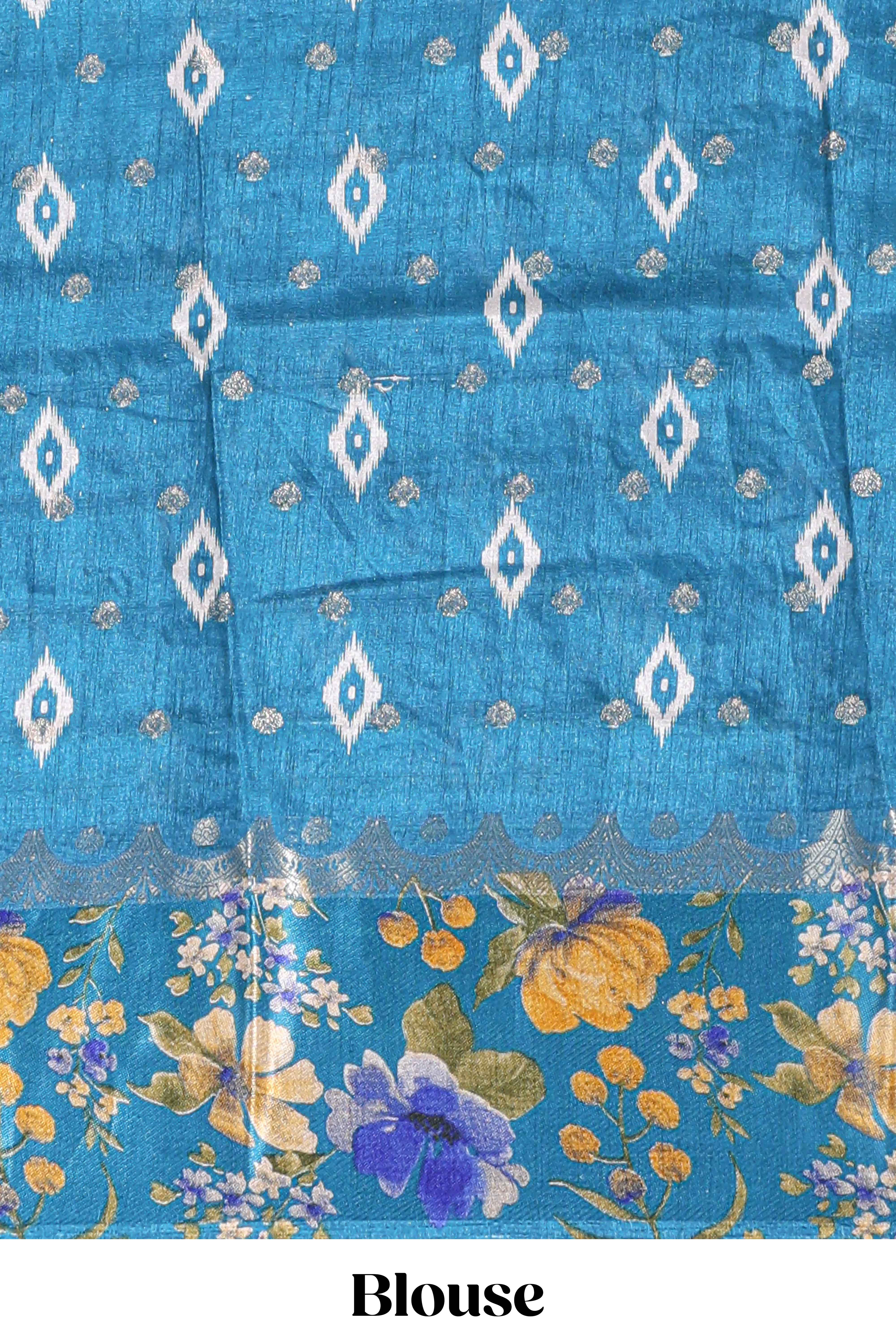 Off white floral design dola silk saree with contrast turquoise green floral border and printed motifs blouse