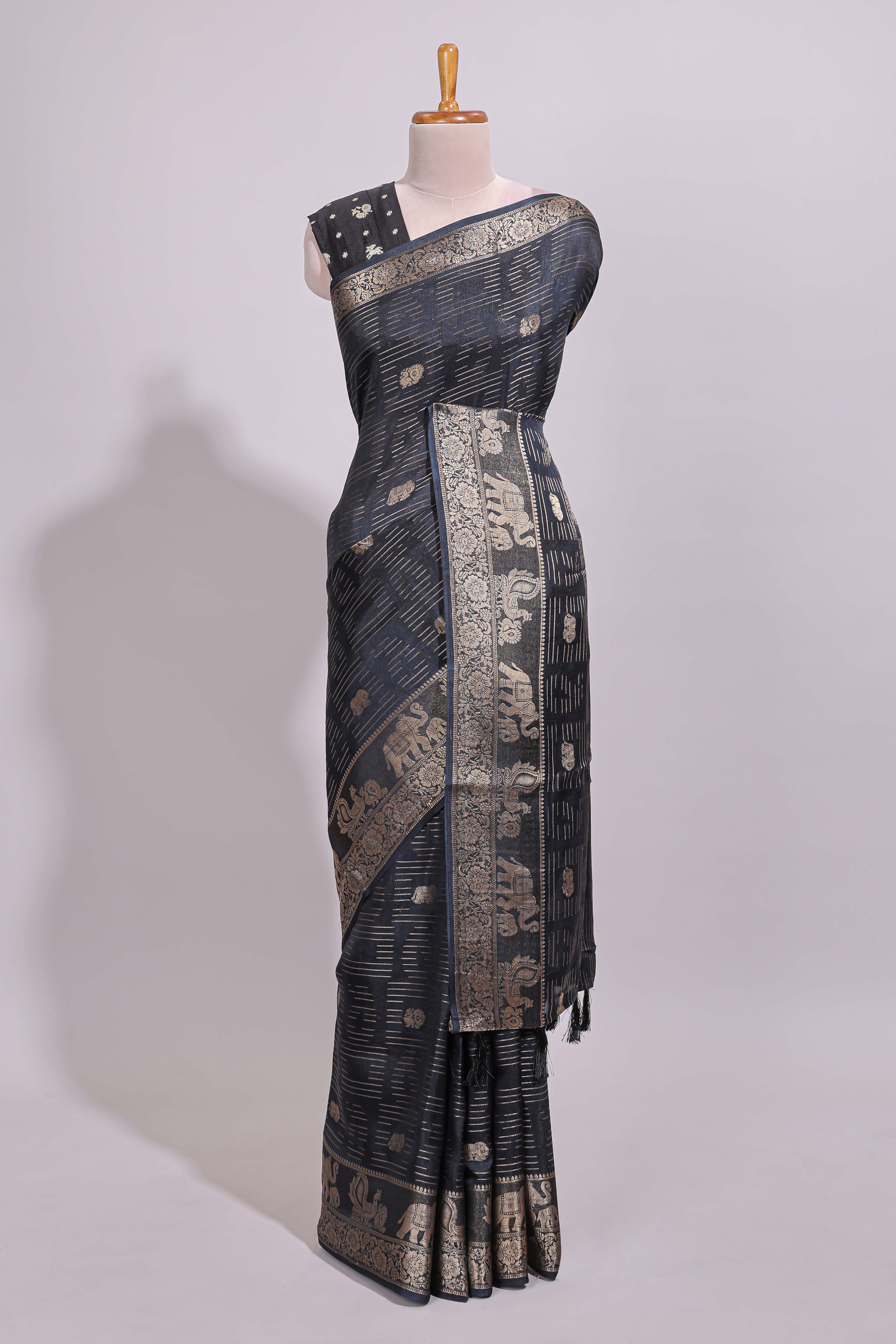 Black striped elephant & bird zari butta dola silk saree with self zari border and matching zari motifs blouse