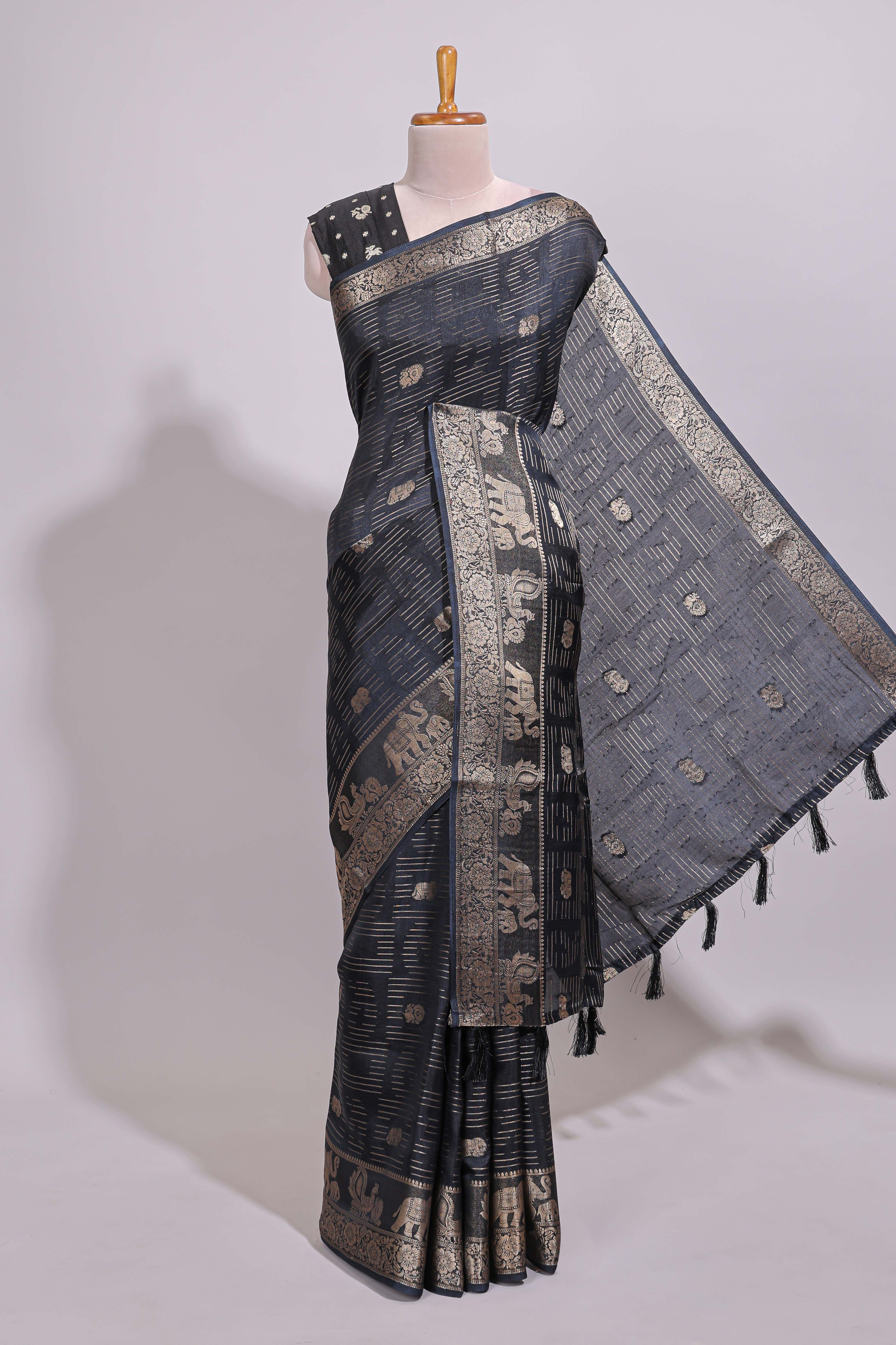 Black striped elephant & bird zari butta dola silk saree with self zari border and matching zari motifs blouse