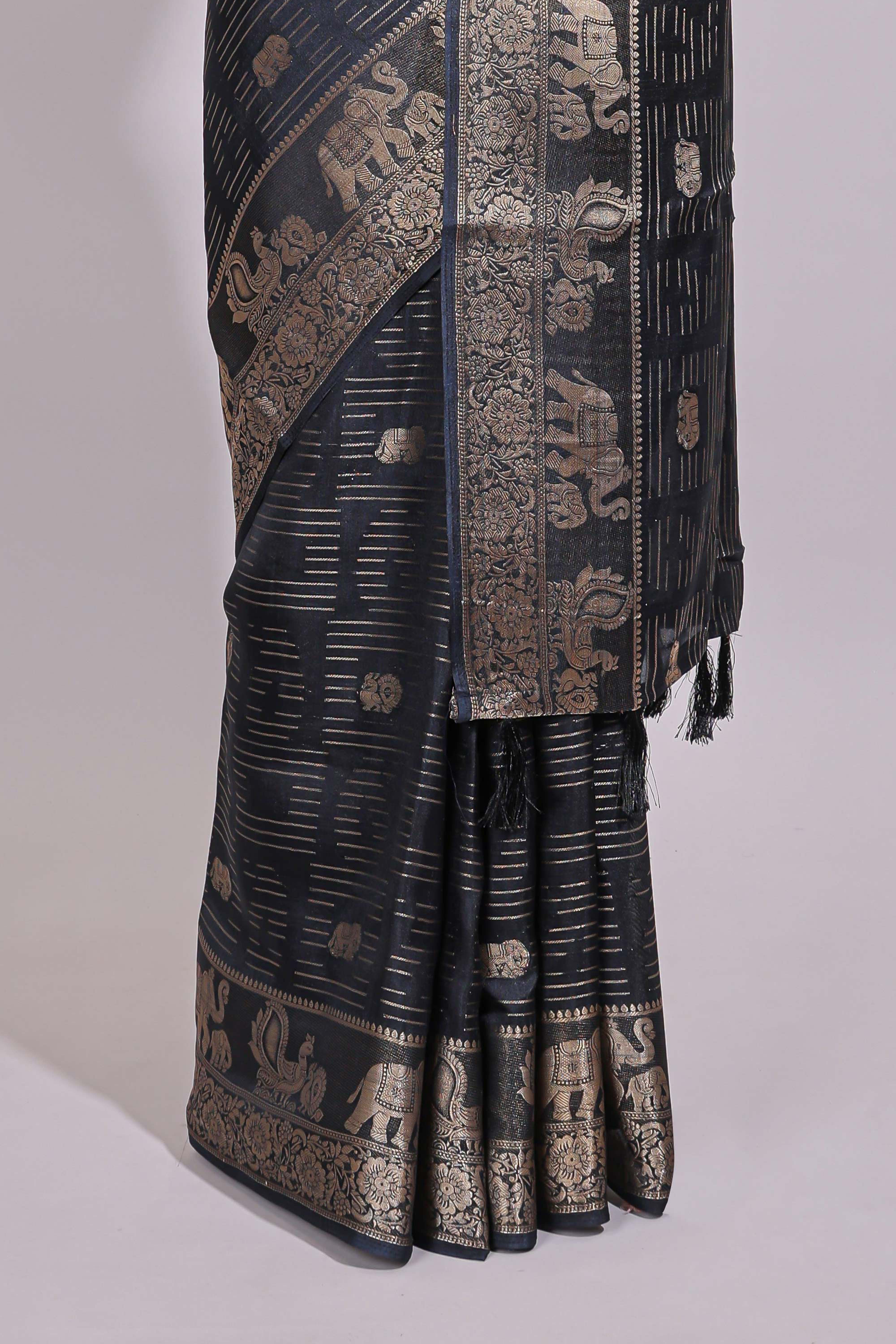 Black striped elephant & bird zari butta dola silk saree with self zari border and matching zari motifs blouse