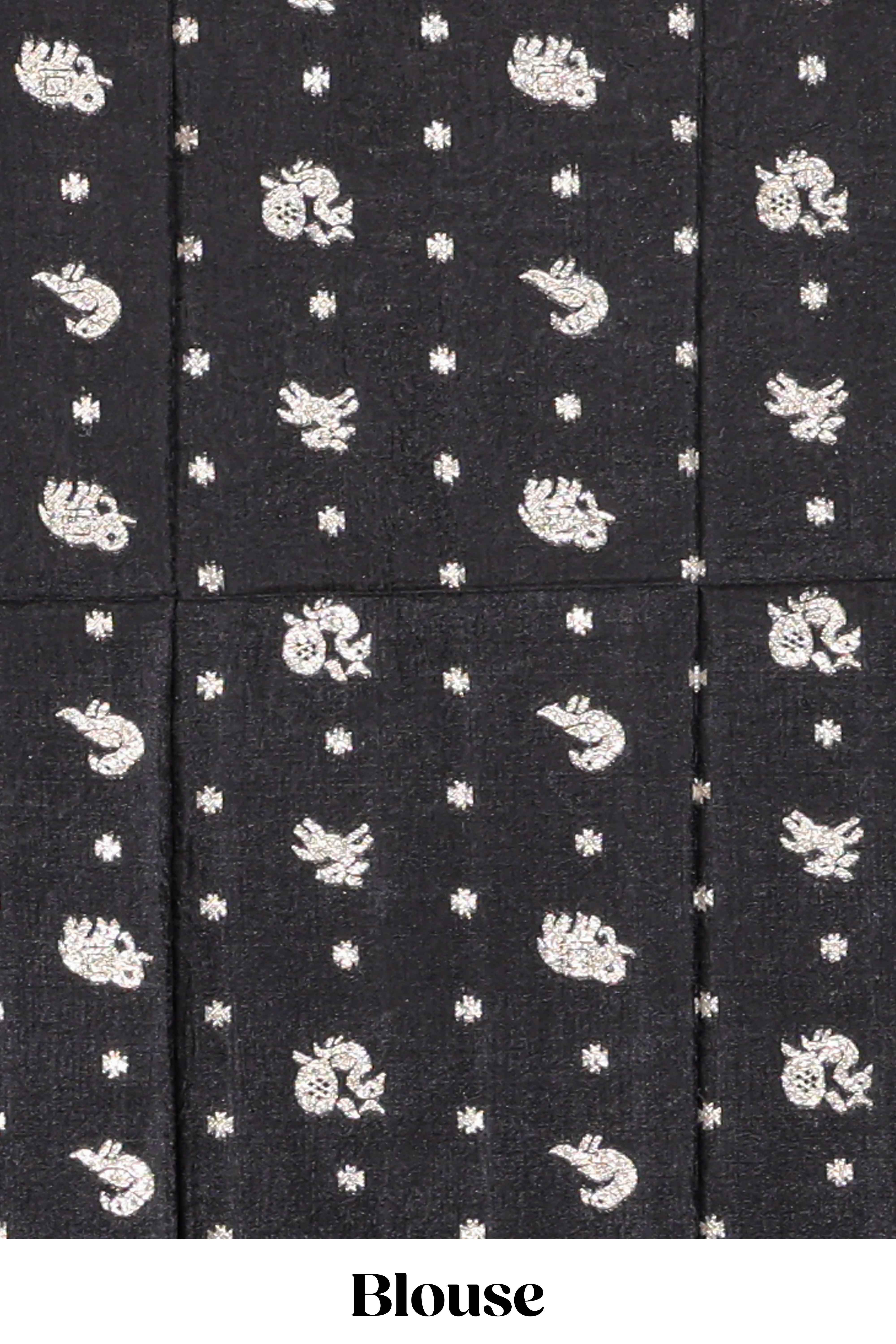 Black striped elephant & bird zari butta dola silk saree with self zari border and matching zari motifs blouse