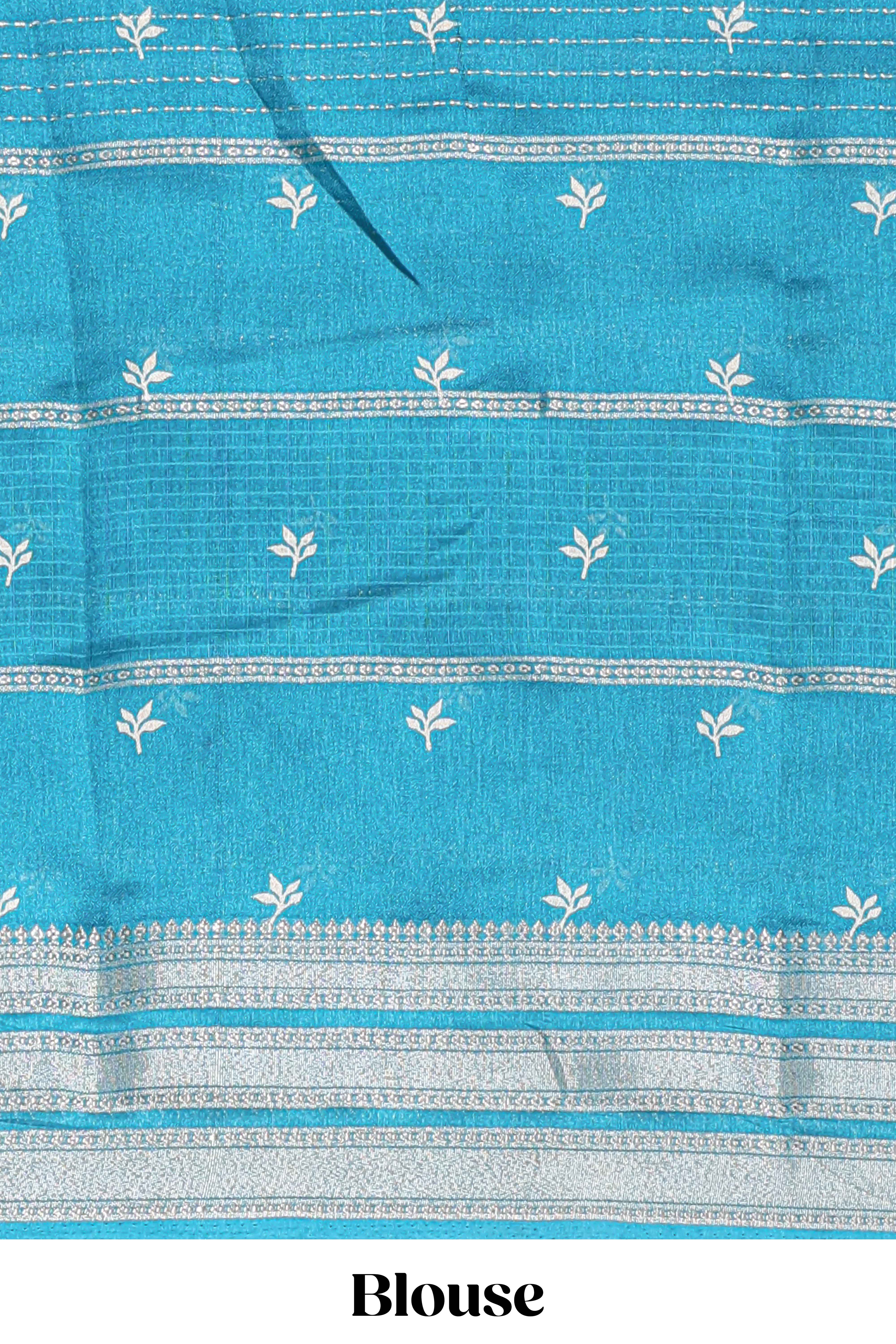 Teal blue Dola silk saree all over zari lines and motifs design with silver zariborder and self printed pallu and matching blouse
