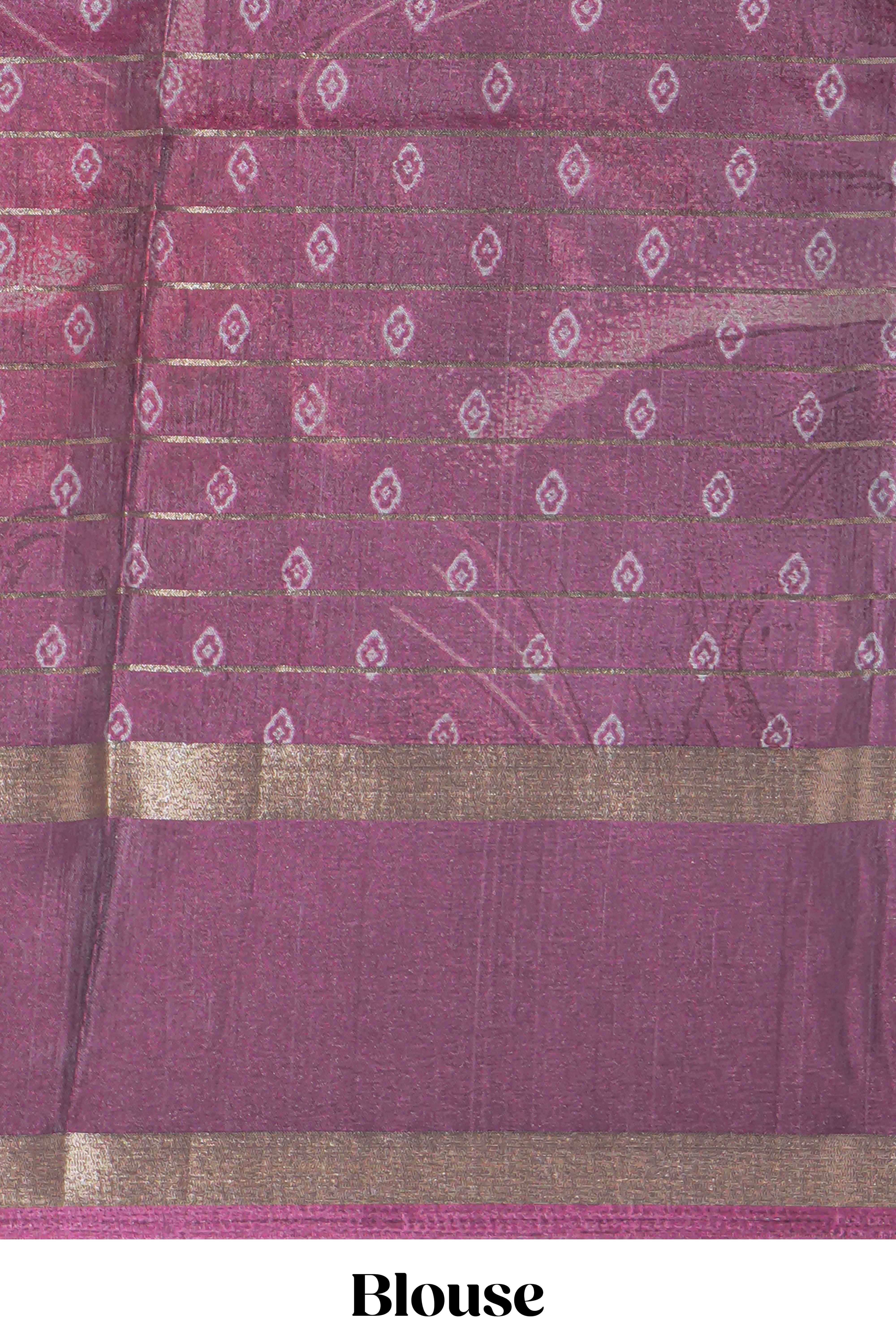 Plum Purple Dola Silk Saree Floral Motifs with Zari Border and matching printed blouse