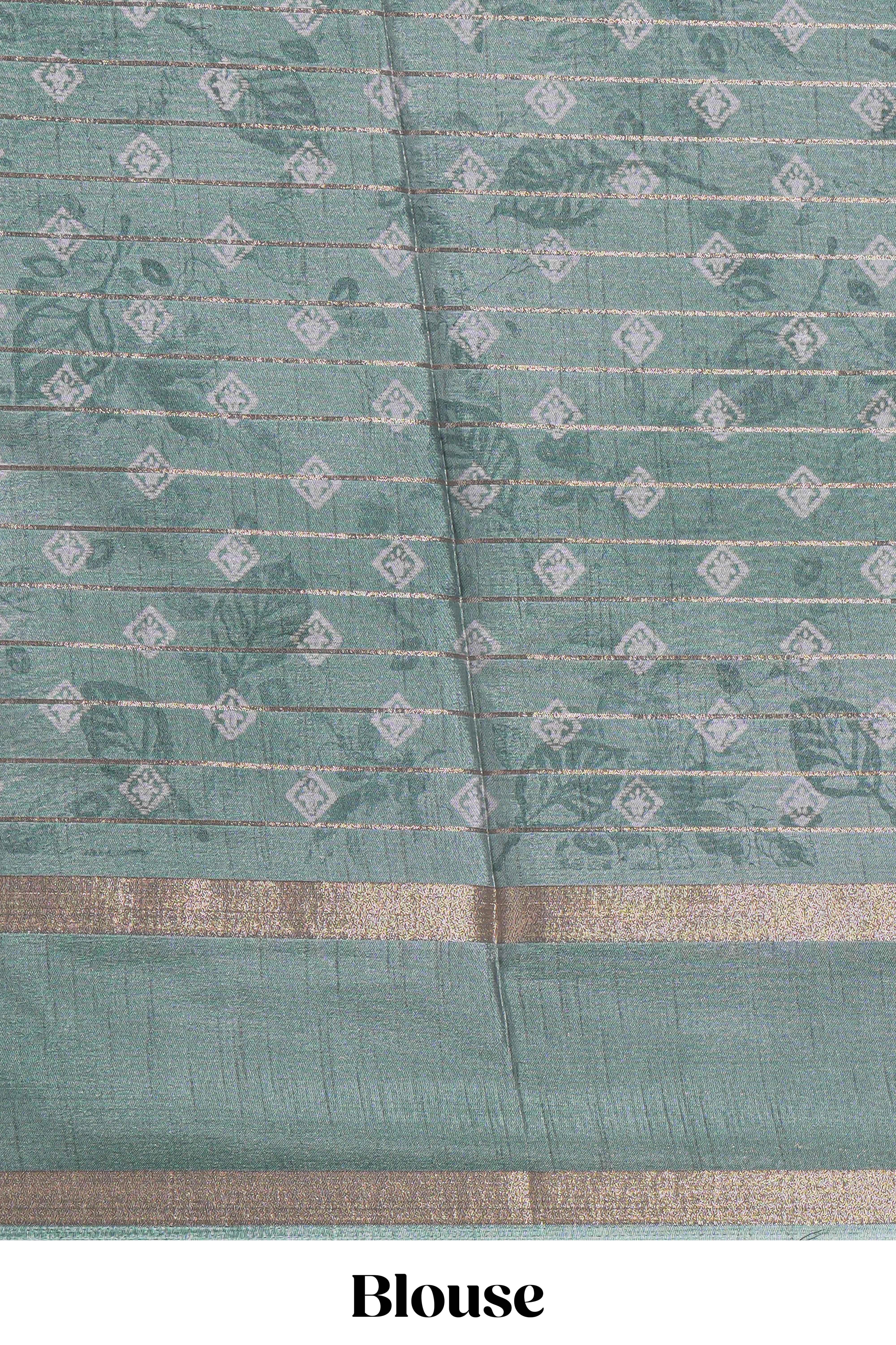 Teal green Dola Silk Saree all over floral motifs fine zari stripes and zari border with matching printed blouse