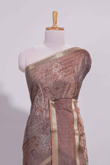 Brown Dola Silk Saree all over floral motifs fine zari stripes and zari border with matching printed blouse