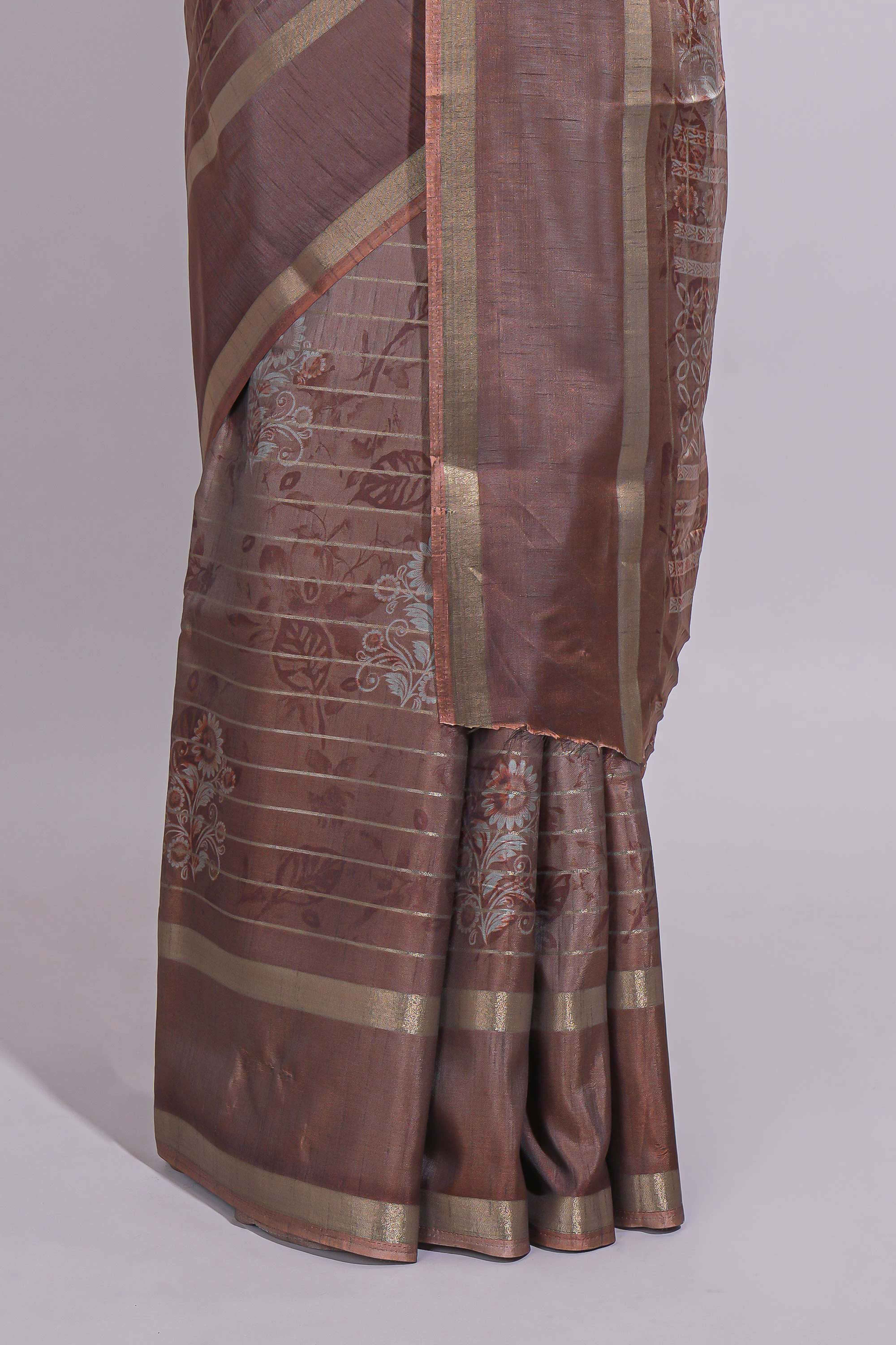 Brown Dola Silk Saree all over floral motifs fine zari stripes and zari border with matching printed blouse
