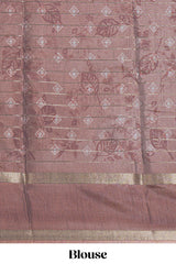 Brown Dola Silk Saree all over floral motifs fine zari stripes and zari border with matching printed blouse