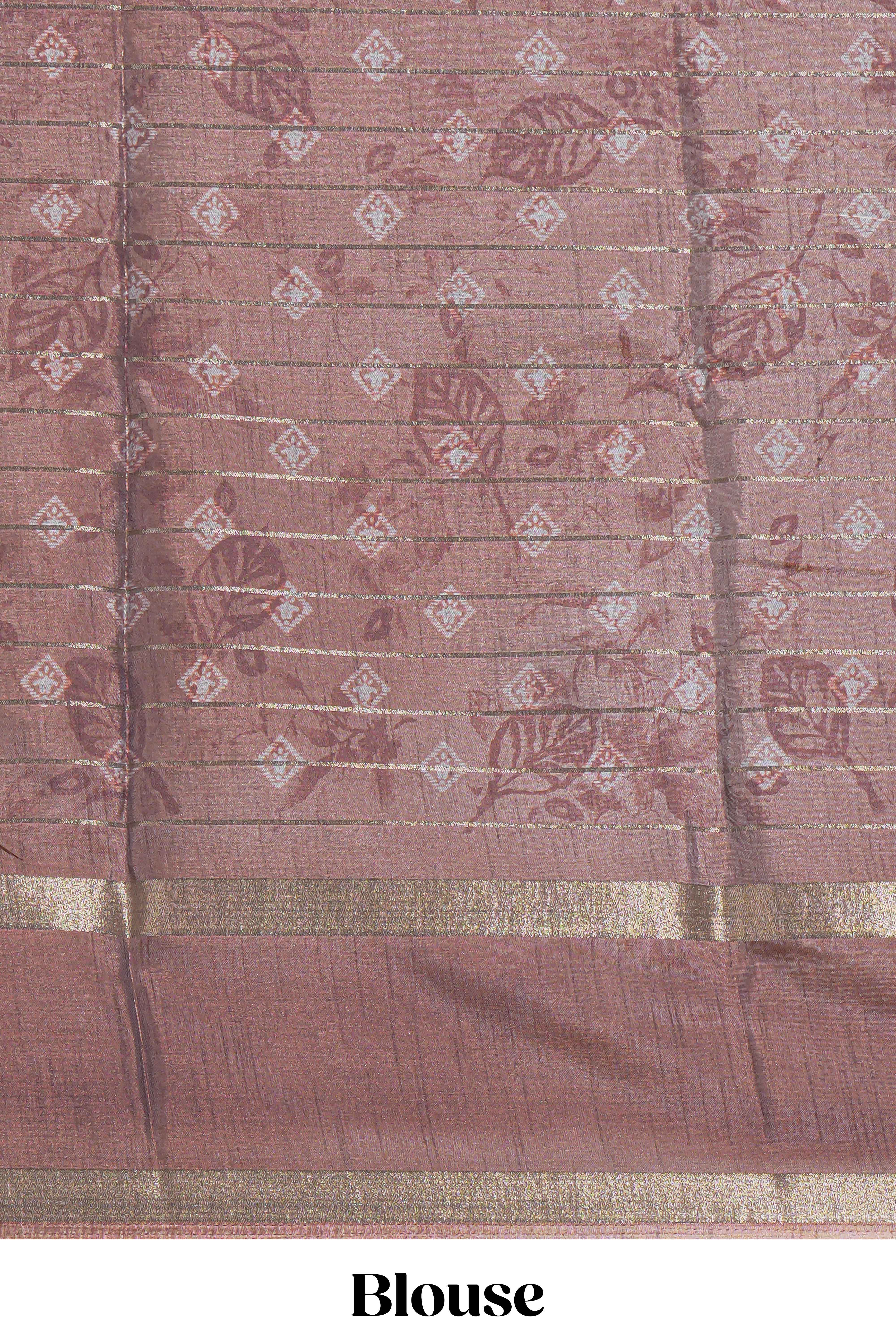 Brown Dola Silk Saree all over floral motifs fine zari stripes and zari border with matching printed blouse