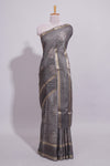 Charcoal Grey Dola Silk Saree all over floral motifs fine zari stripes and zari border with matching printed blouse