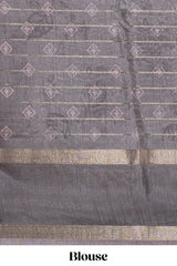 Charcoal Grey Dola Silk Saree all over floral motifs fine zari stripes and zari border with matching printed blouse