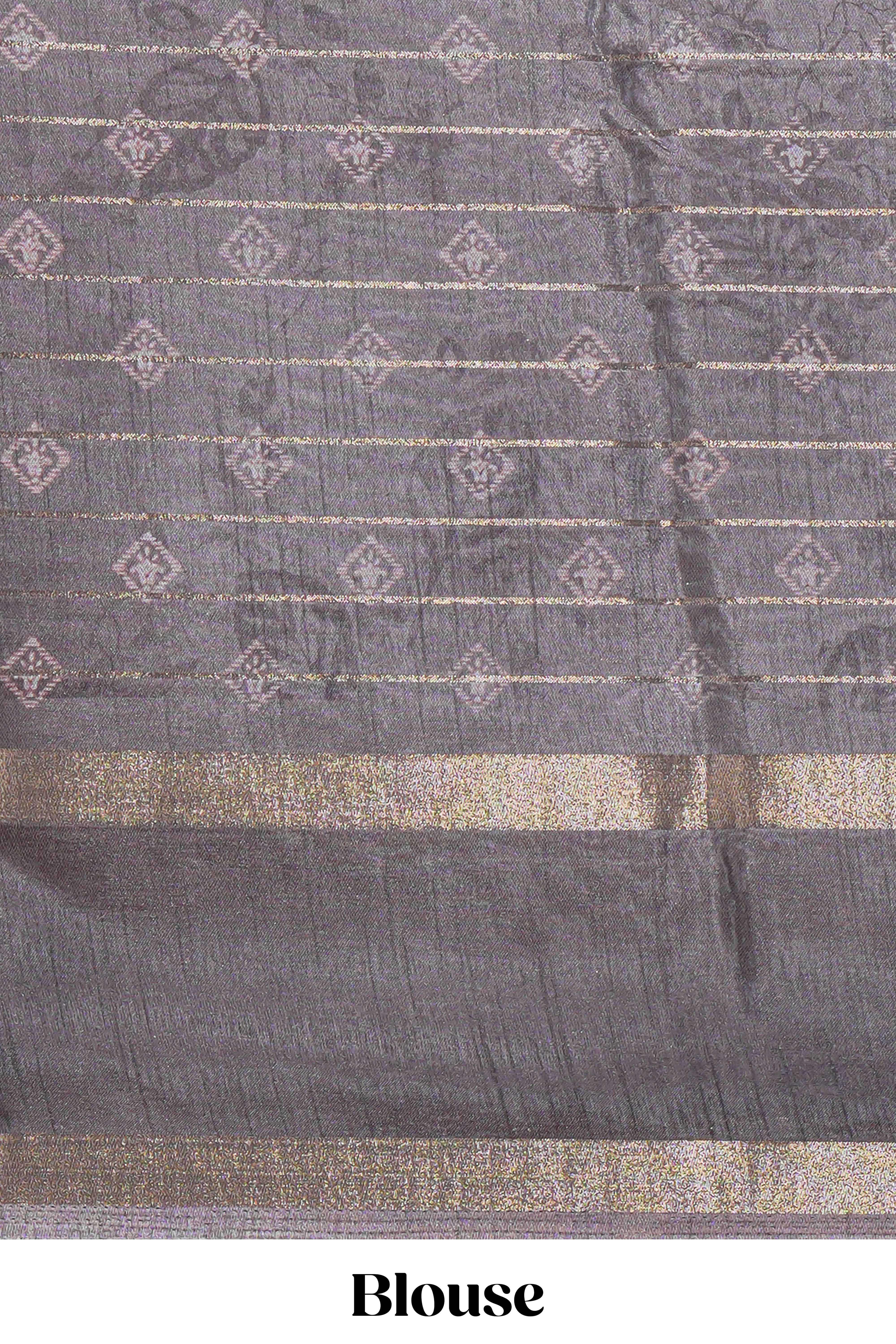 Charcoal Grey Dola Silk Saree all over floral motifs fine zari stripes and zari border with matching printed blouse