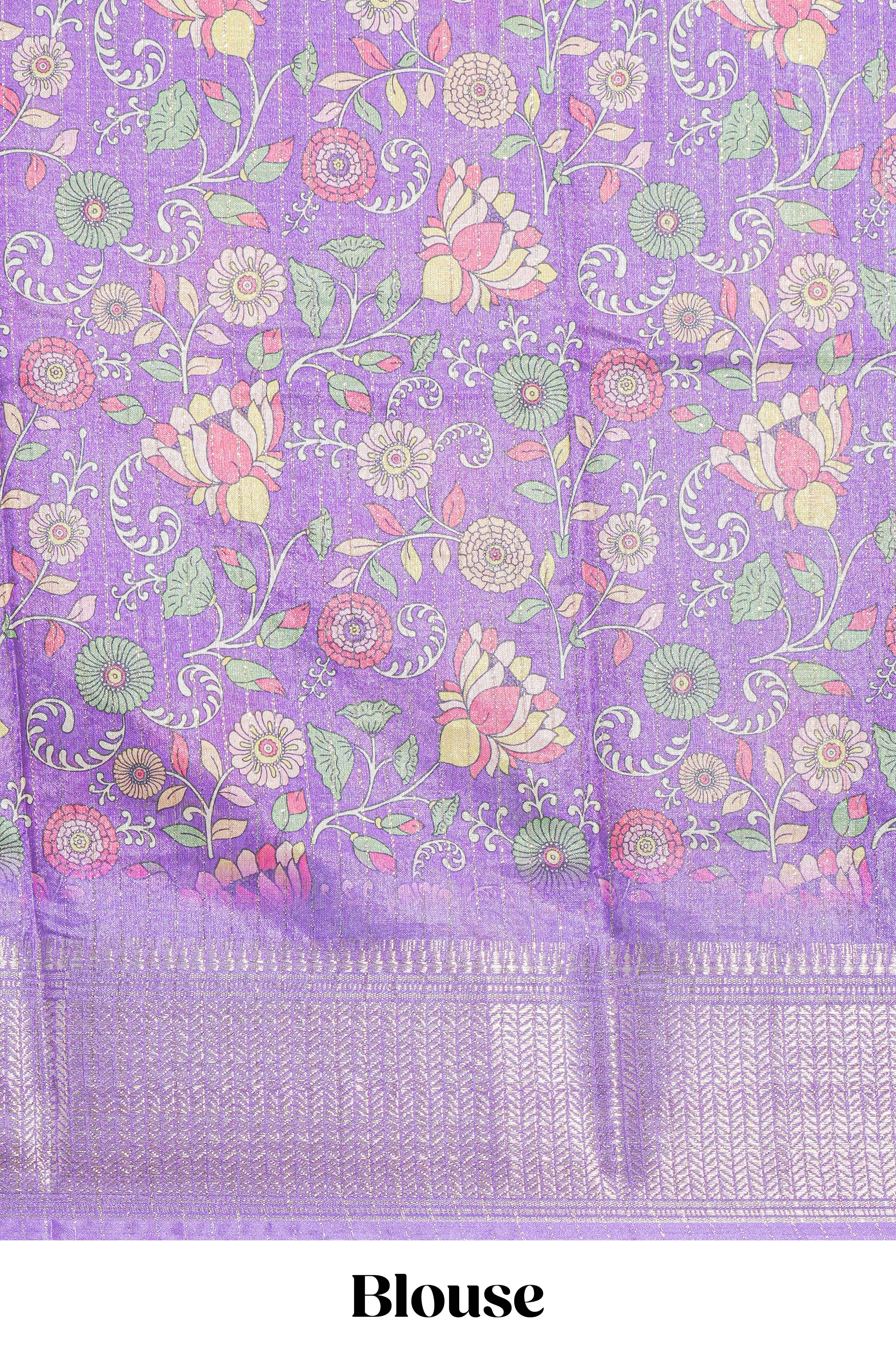 Green striped zari design dola silk saree with contrast zari border and floral design blouse