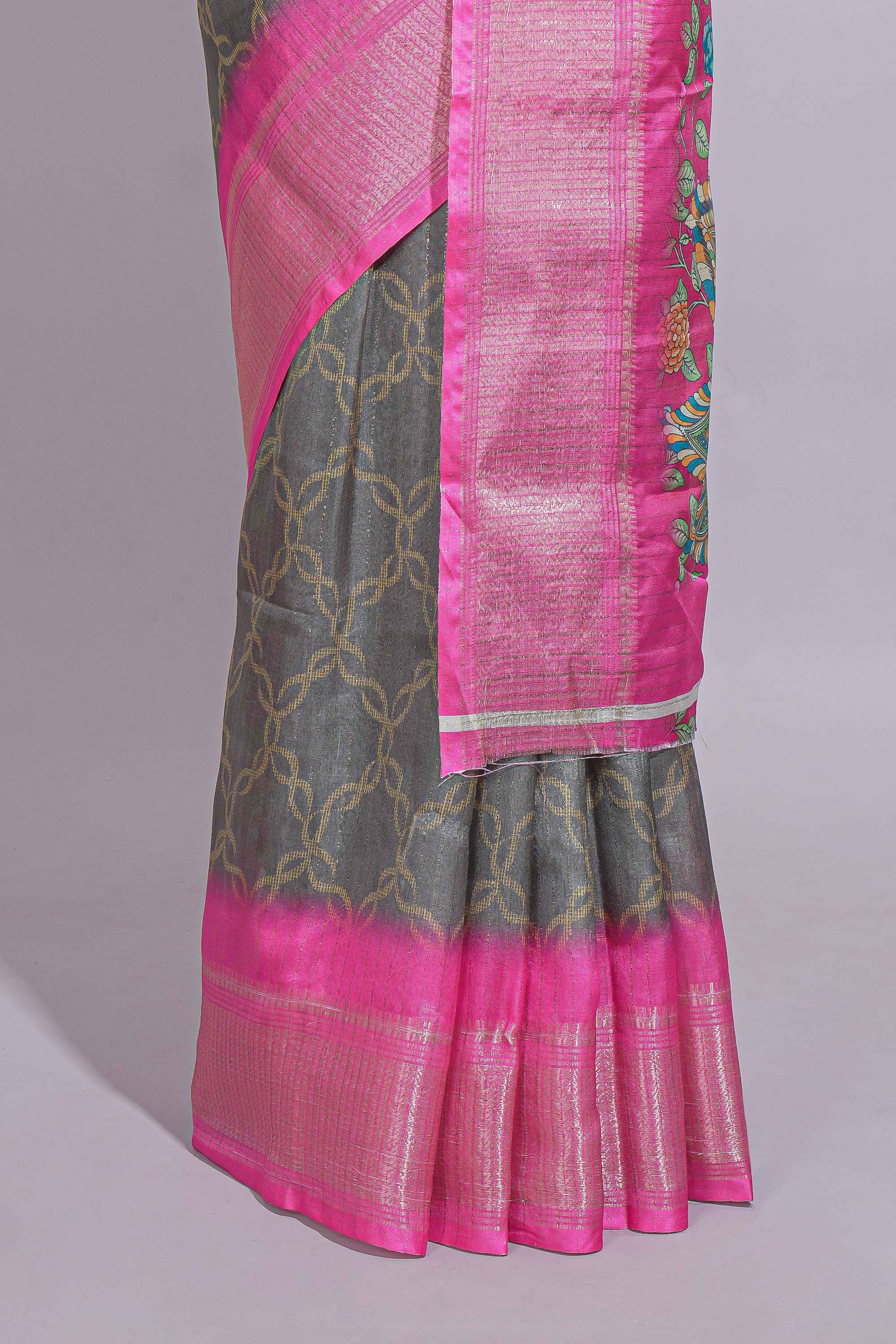 Steel Grey shade Striped saree with Contrast zari Border and floral design blouse