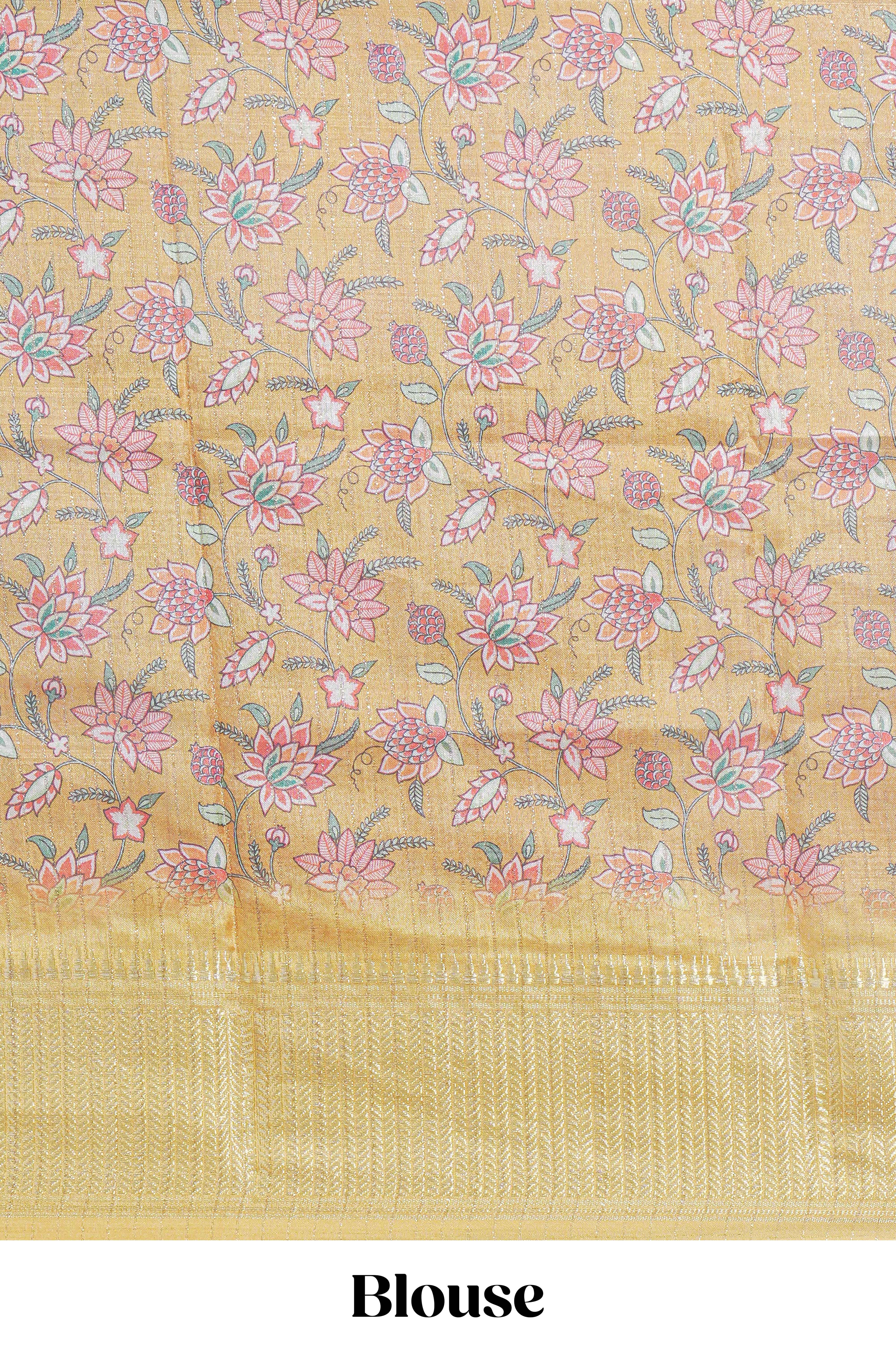 Teal green striped zari design dola silk saree with contrast zari border and floral design blouse