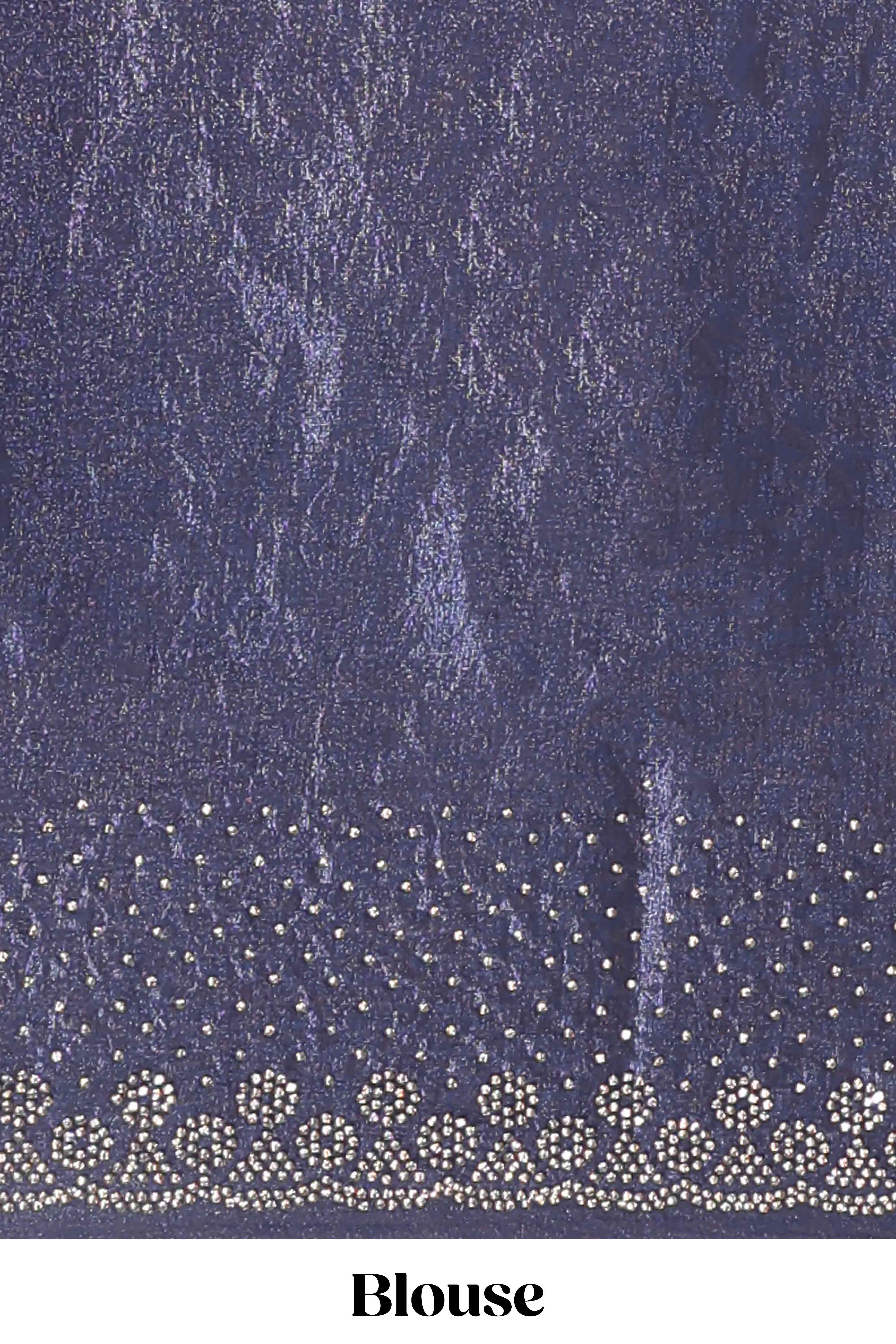 Dual tone navy blue & silver designer saree with floral motifs, stone work & scallop border