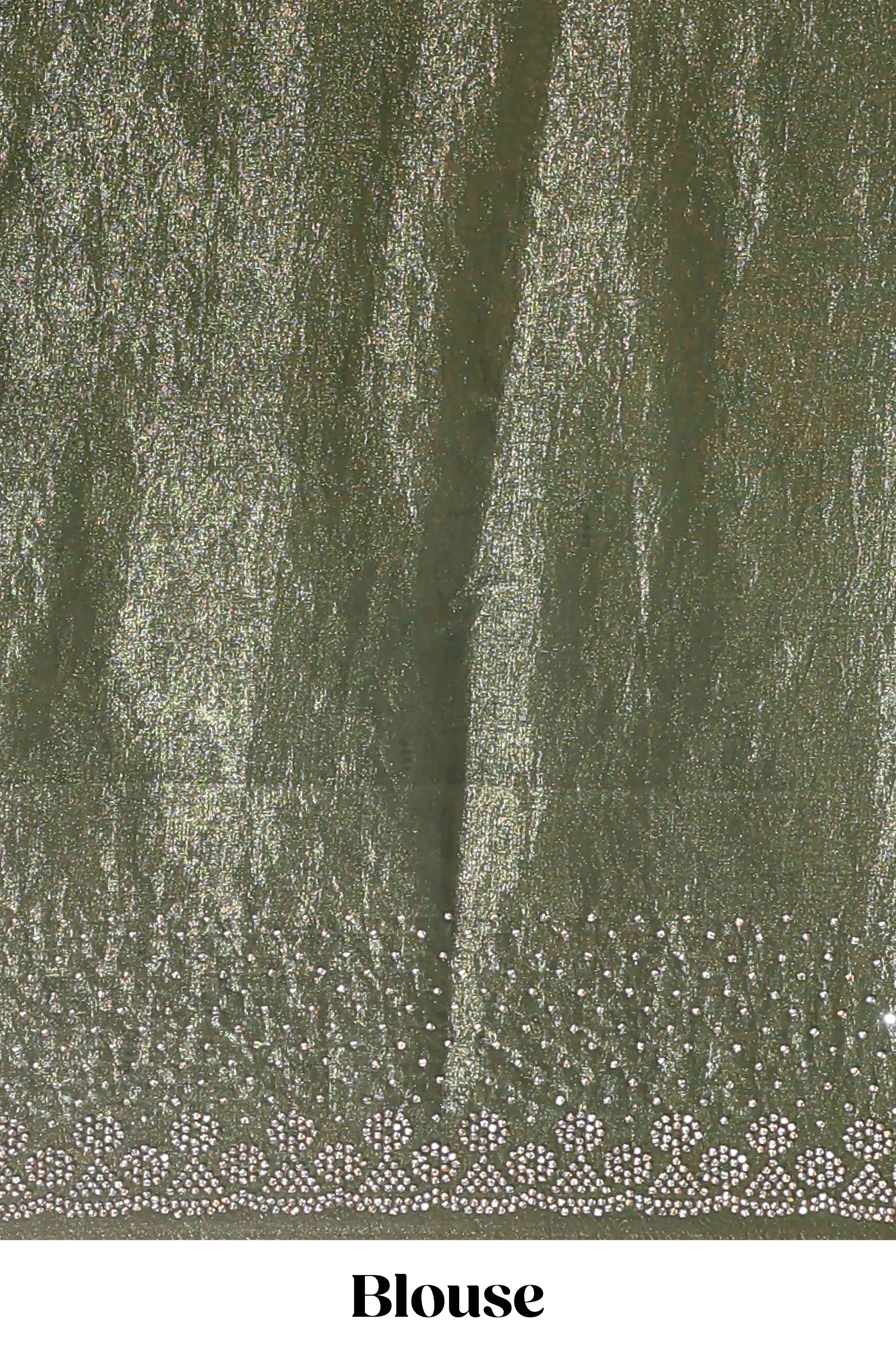Green dual shade designer saree with floral motifs, stone work & scallop border