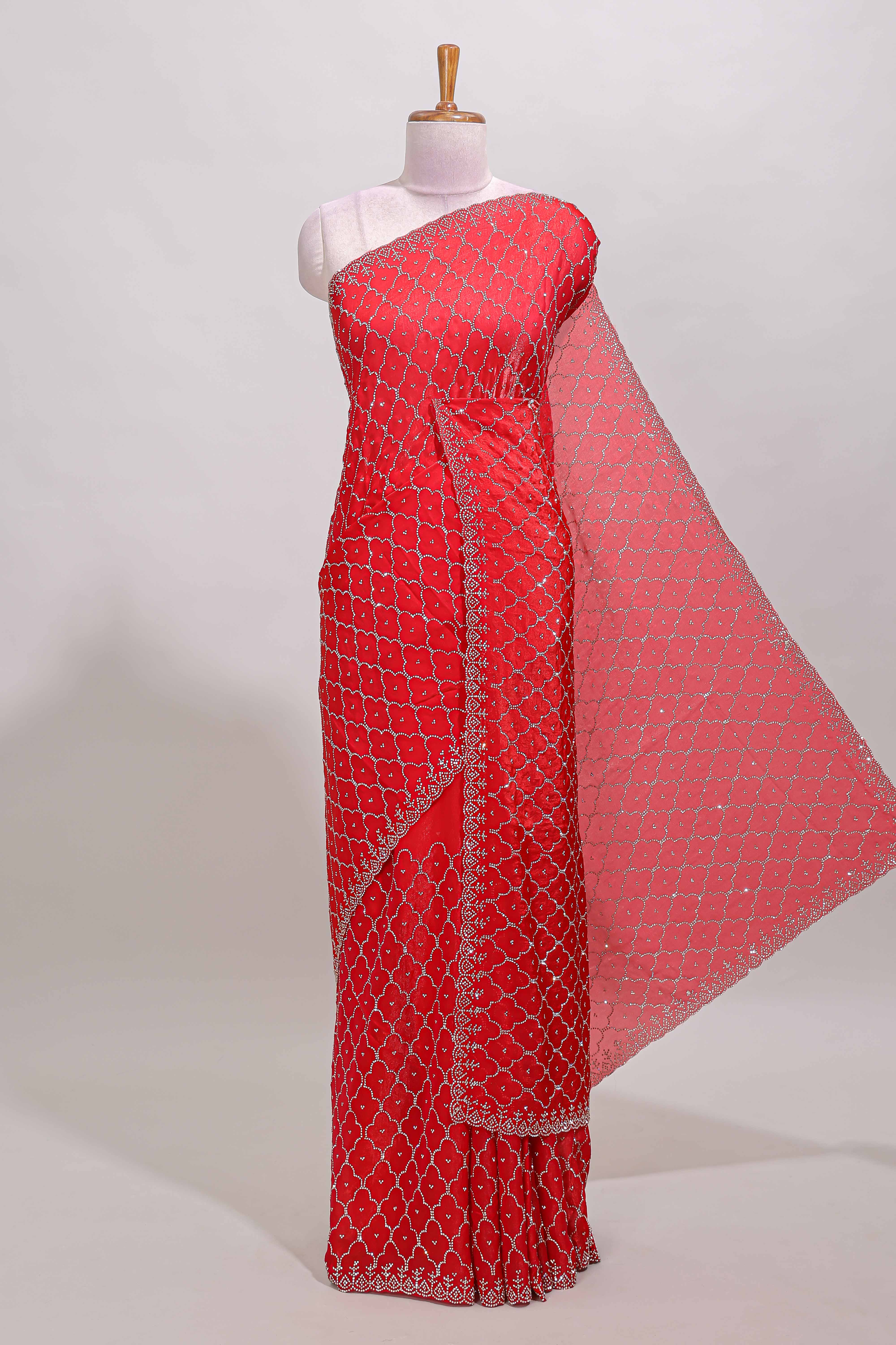 Pink geometric stone work designer saree with self scallop border and matching blouse