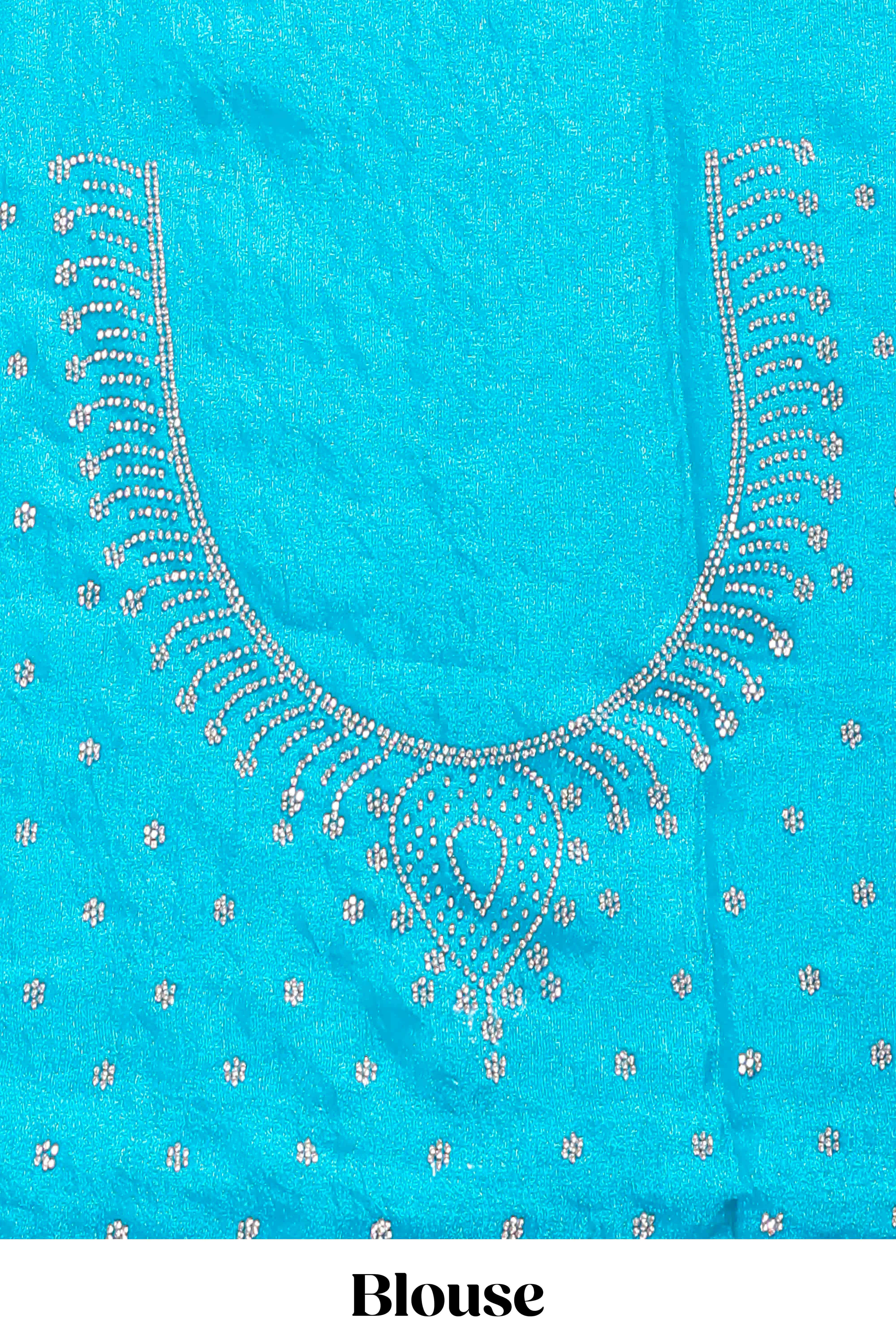 Blue floral vine stone work designer saree with self scallop border and matching blouse
