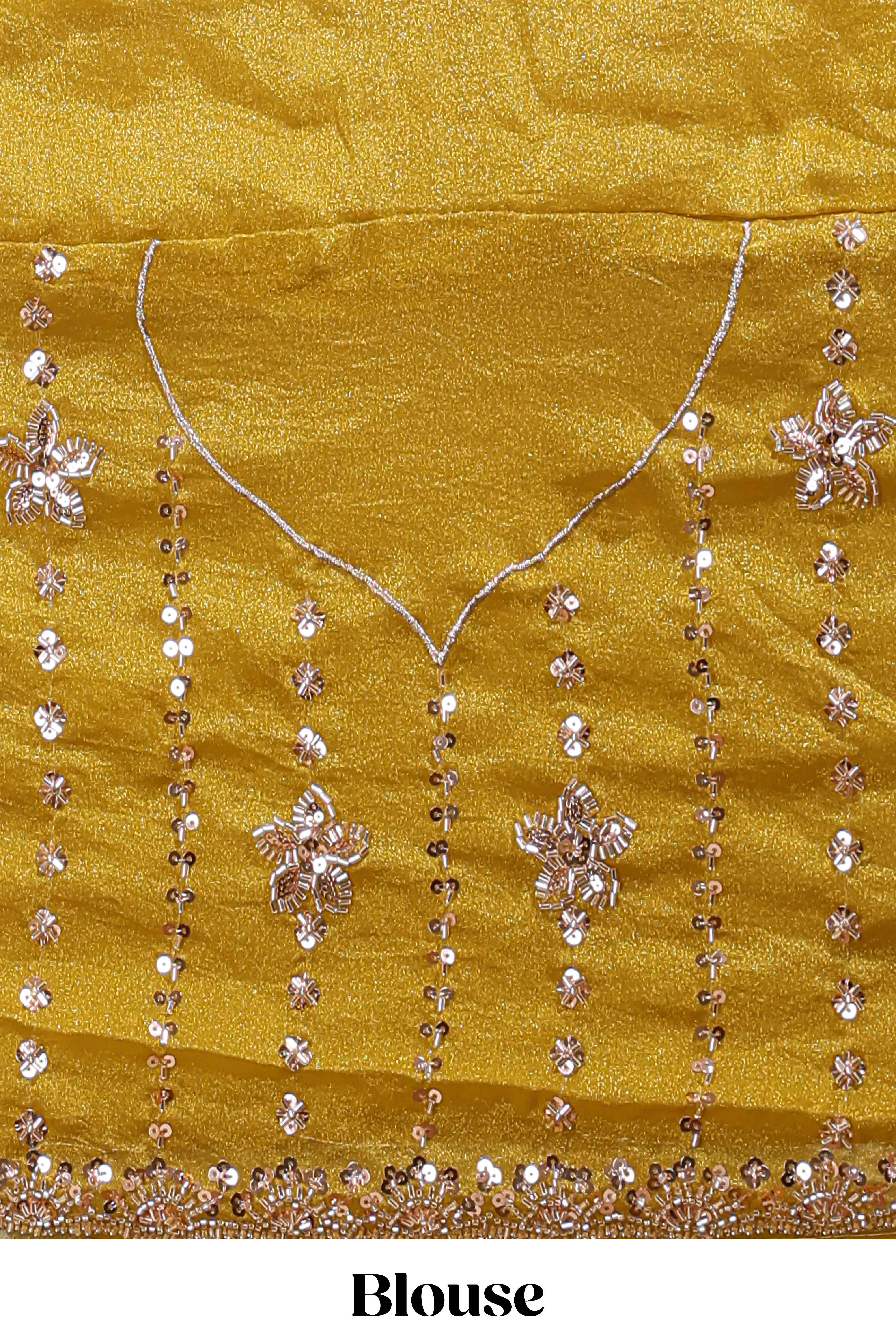Mustard floral design chamki work designer saree with self scallop border and matching blouse