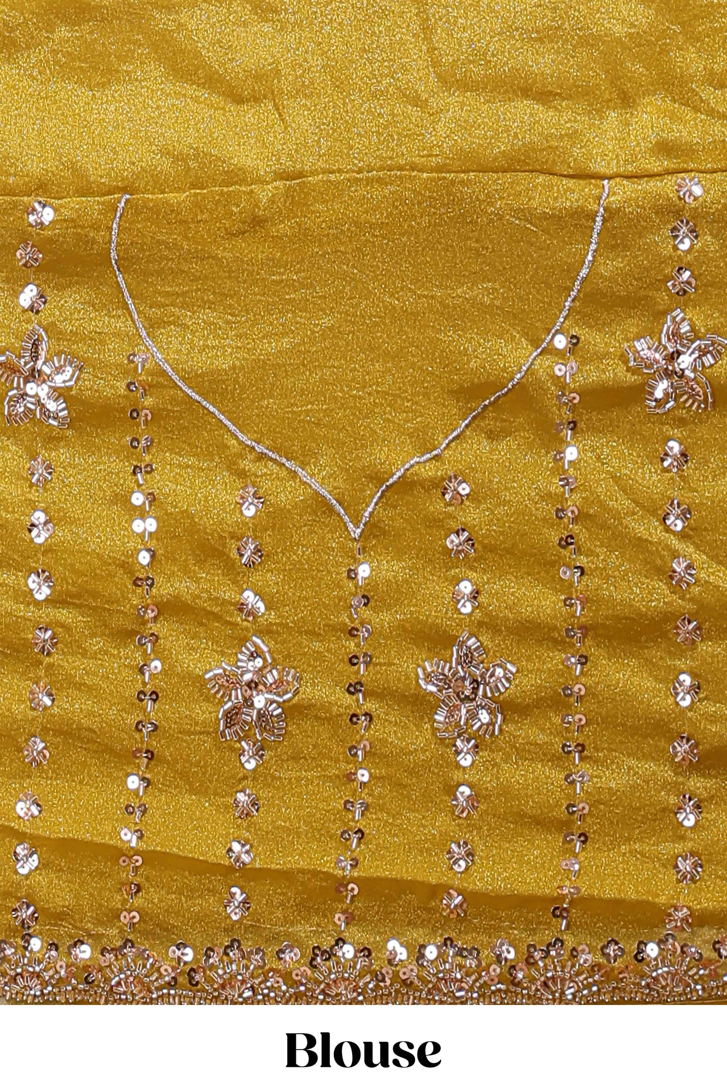 Mustard floral design chamki work designer saree with self scallop border and matching blouse