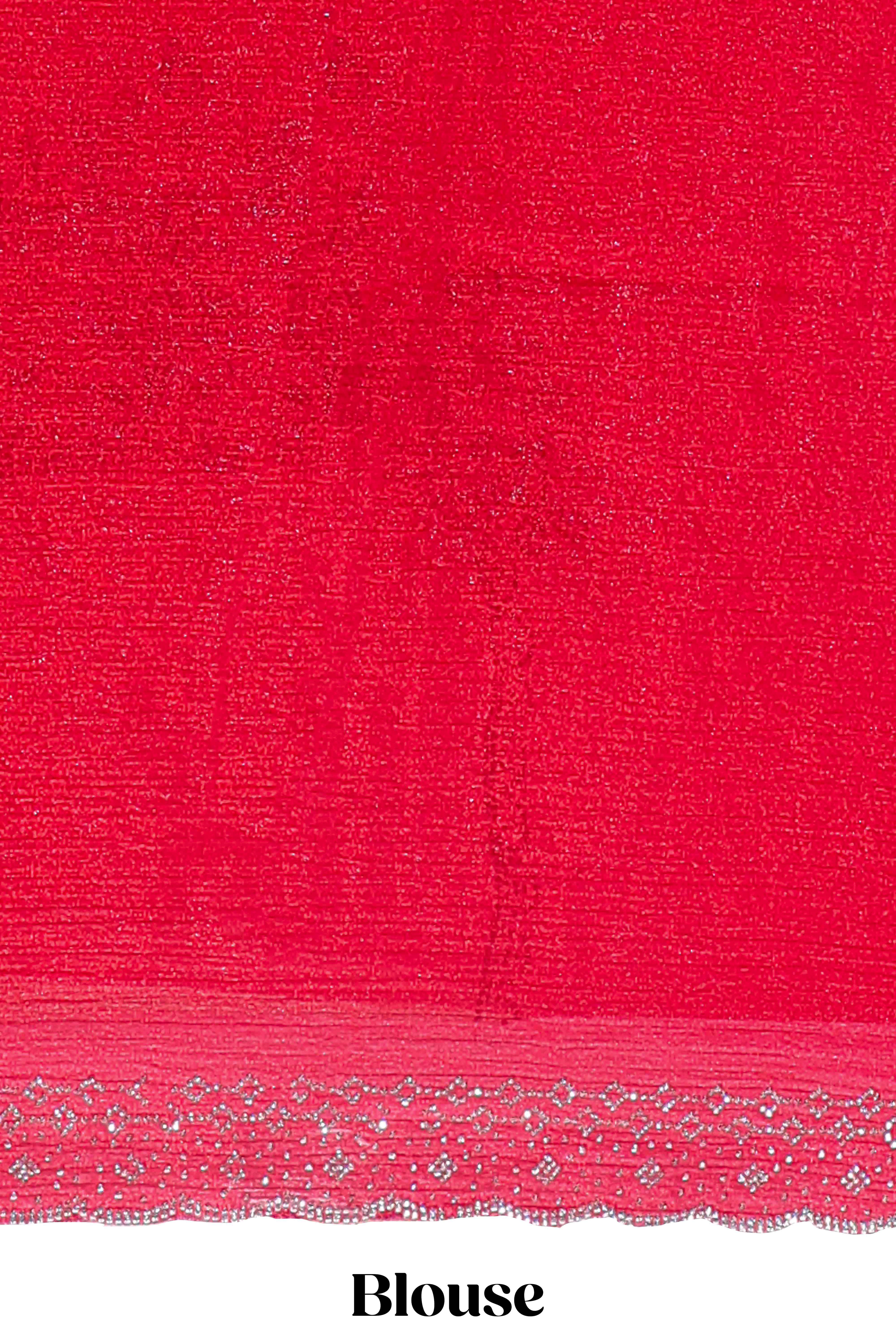 Red floral motifs design stone work designer saree with self scallop border and matching blouse