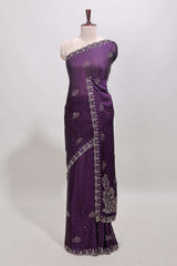 Plum lavender floral motifs design stone work designer saree with self floral scallop border and matching blouse