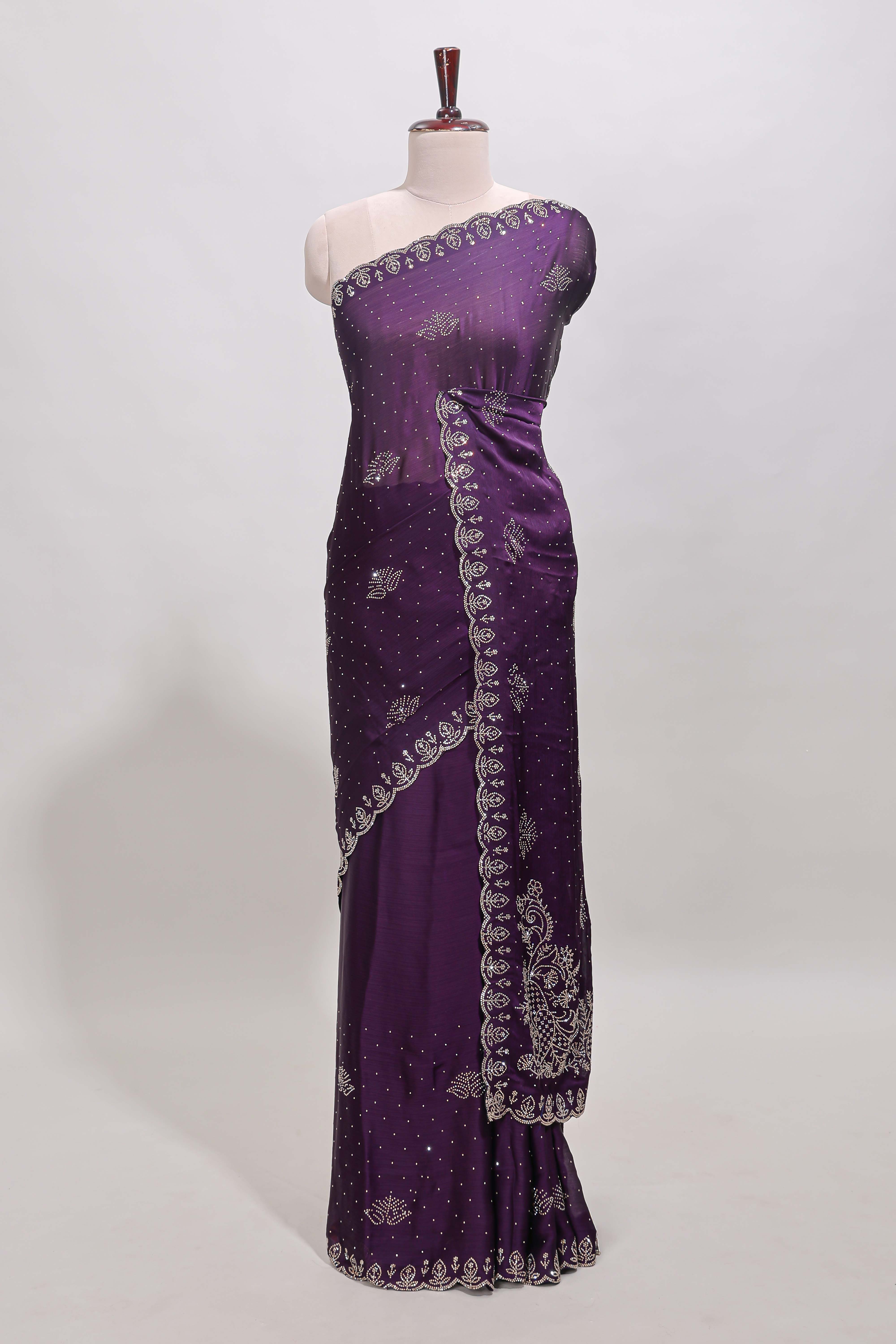 Plum lavender floral motifs design stone work designer saree with self floral scallop border and matching blouse