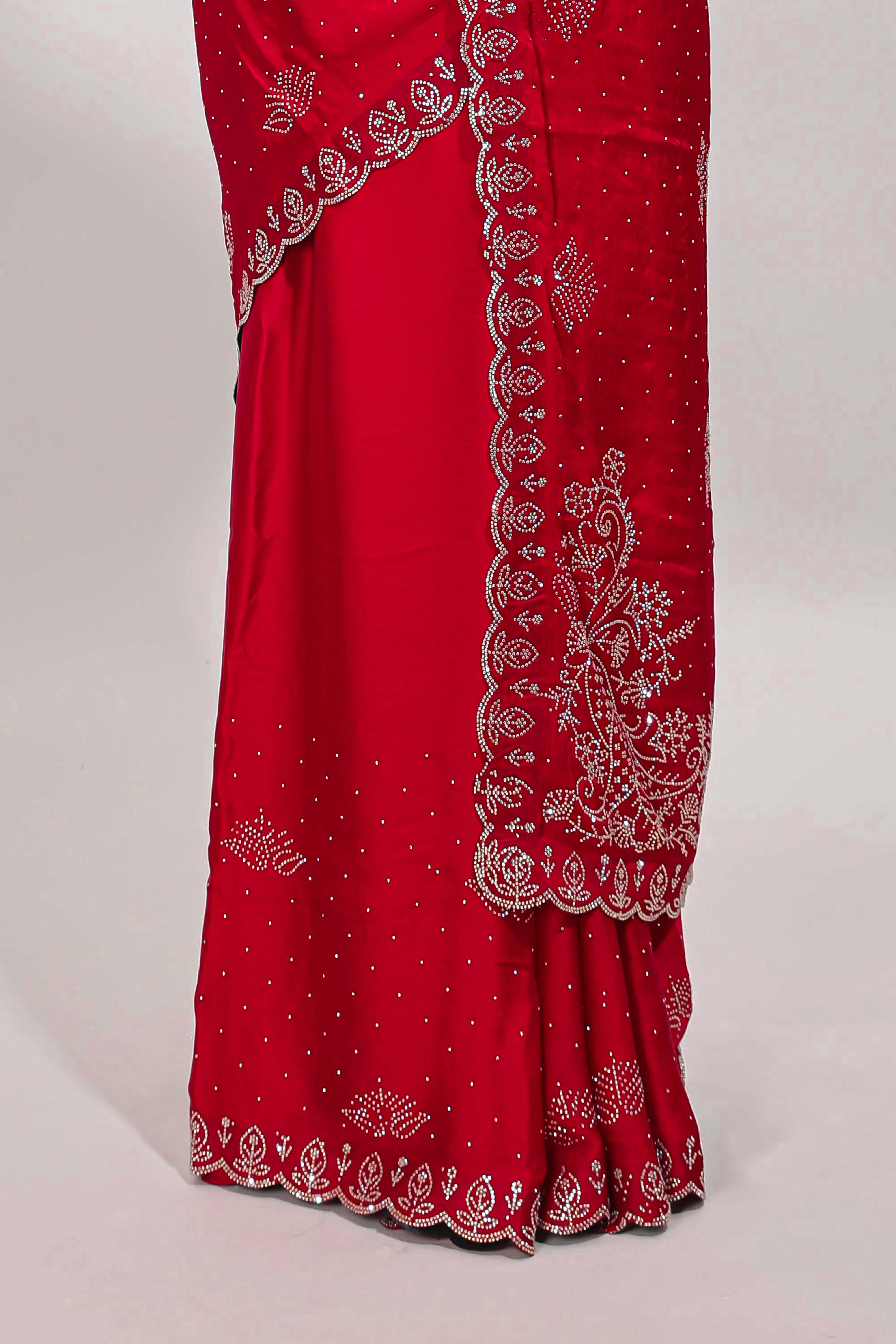 Rani pink floral motifs design stone work designer saree with self floral scallop border and matching blouse