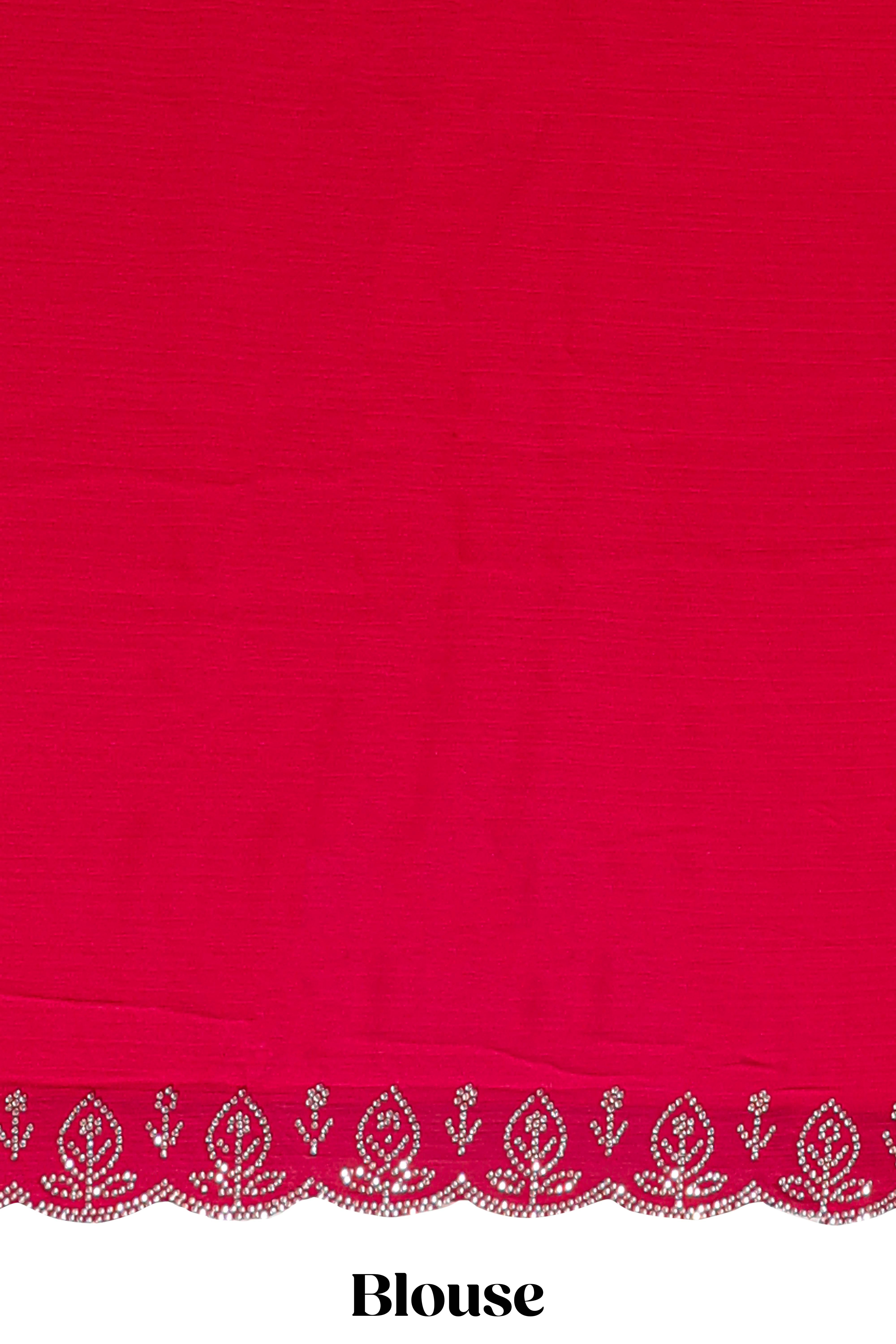 Rani pink floral motifs design stone work designer saree with self floral scallop border and matching blouse