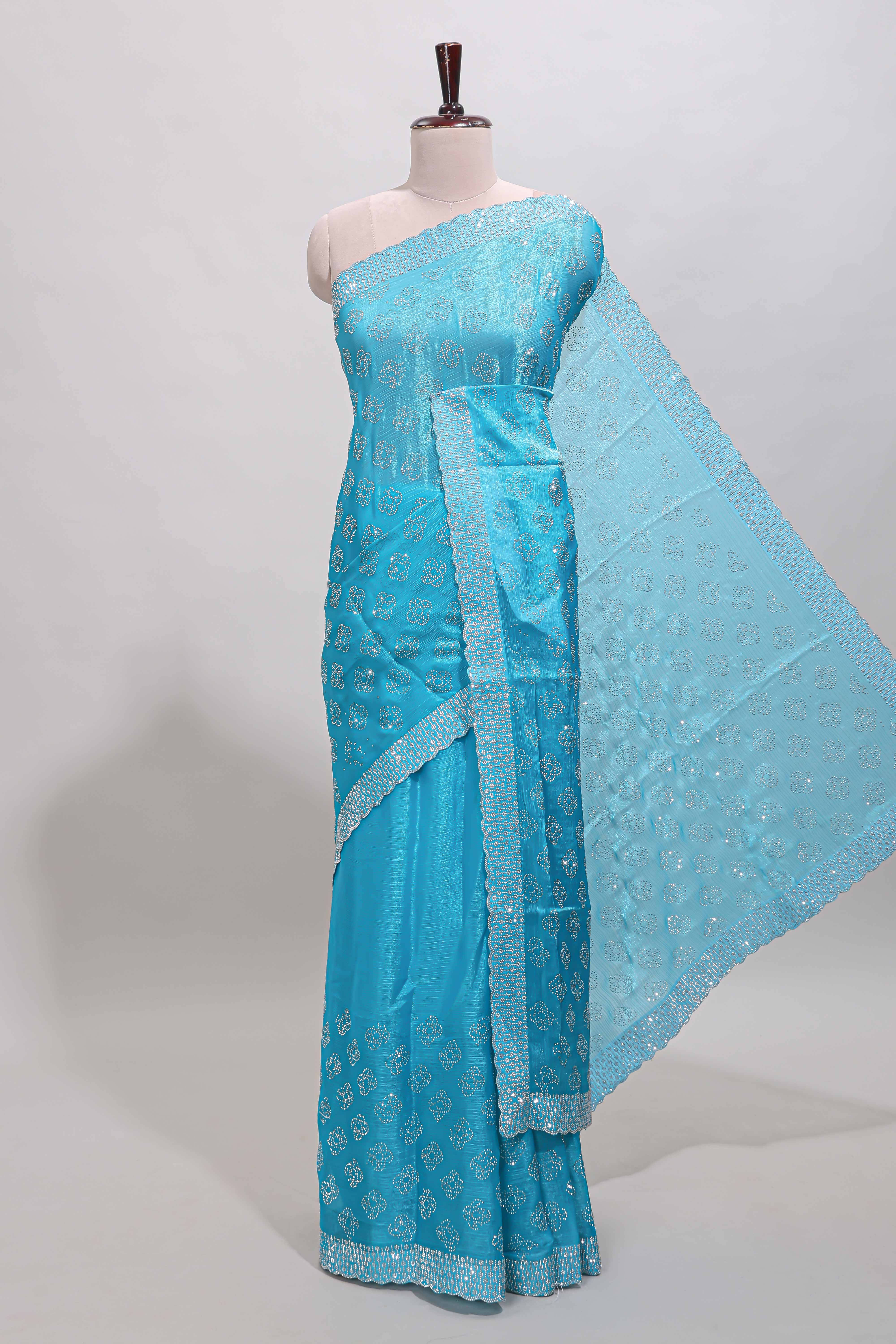 Turquiose blue floral butta design stone work designer saree with self scallop border and matching blouse