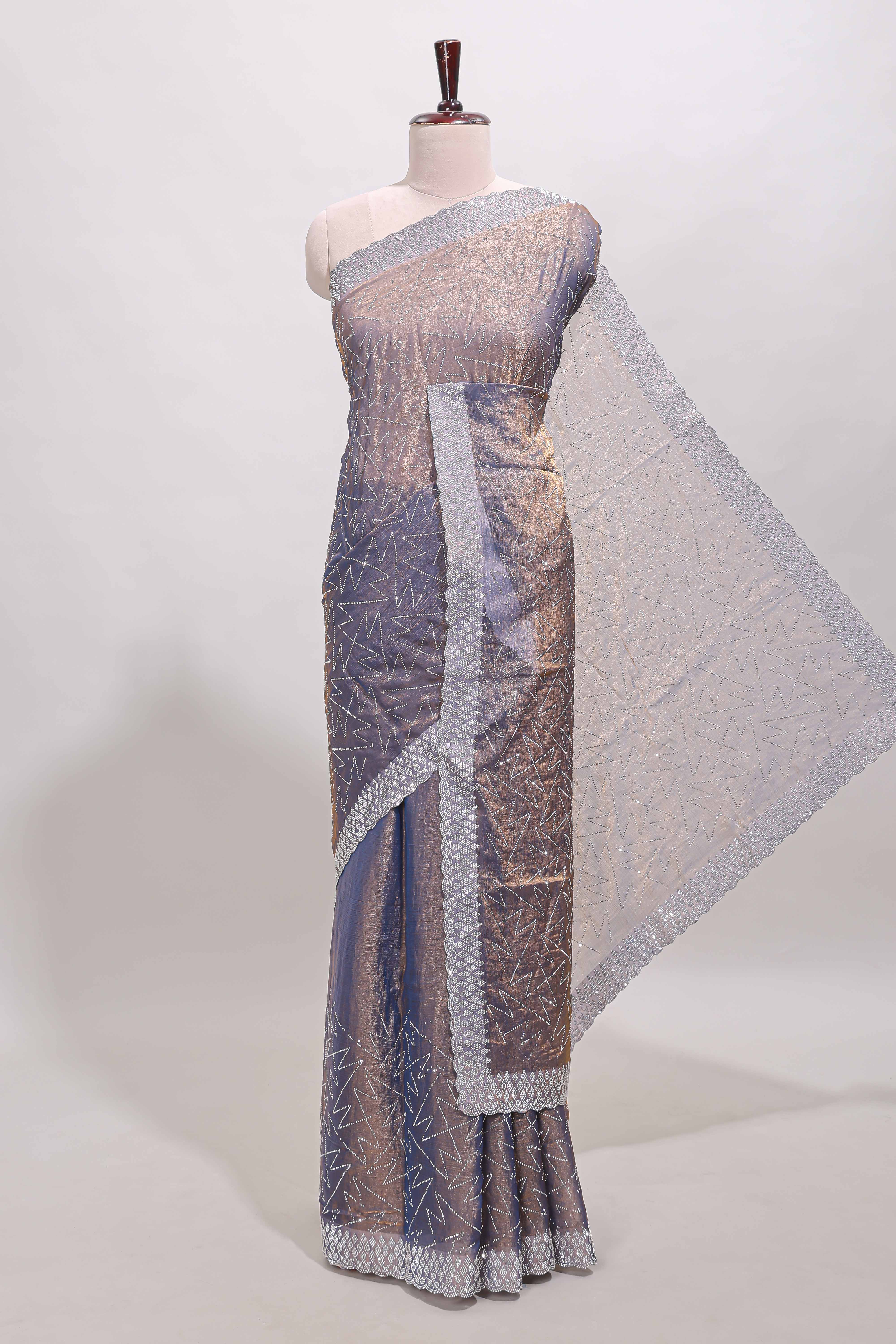 Grey geometric design stone work designer saree with self scallop border and matching blouse