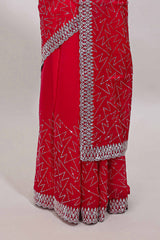 Pink geometric design stone work designer saree with self scallop border and matching blouse