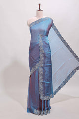 Blue stone work designer saree with self heartin design scallop border and matching blouse