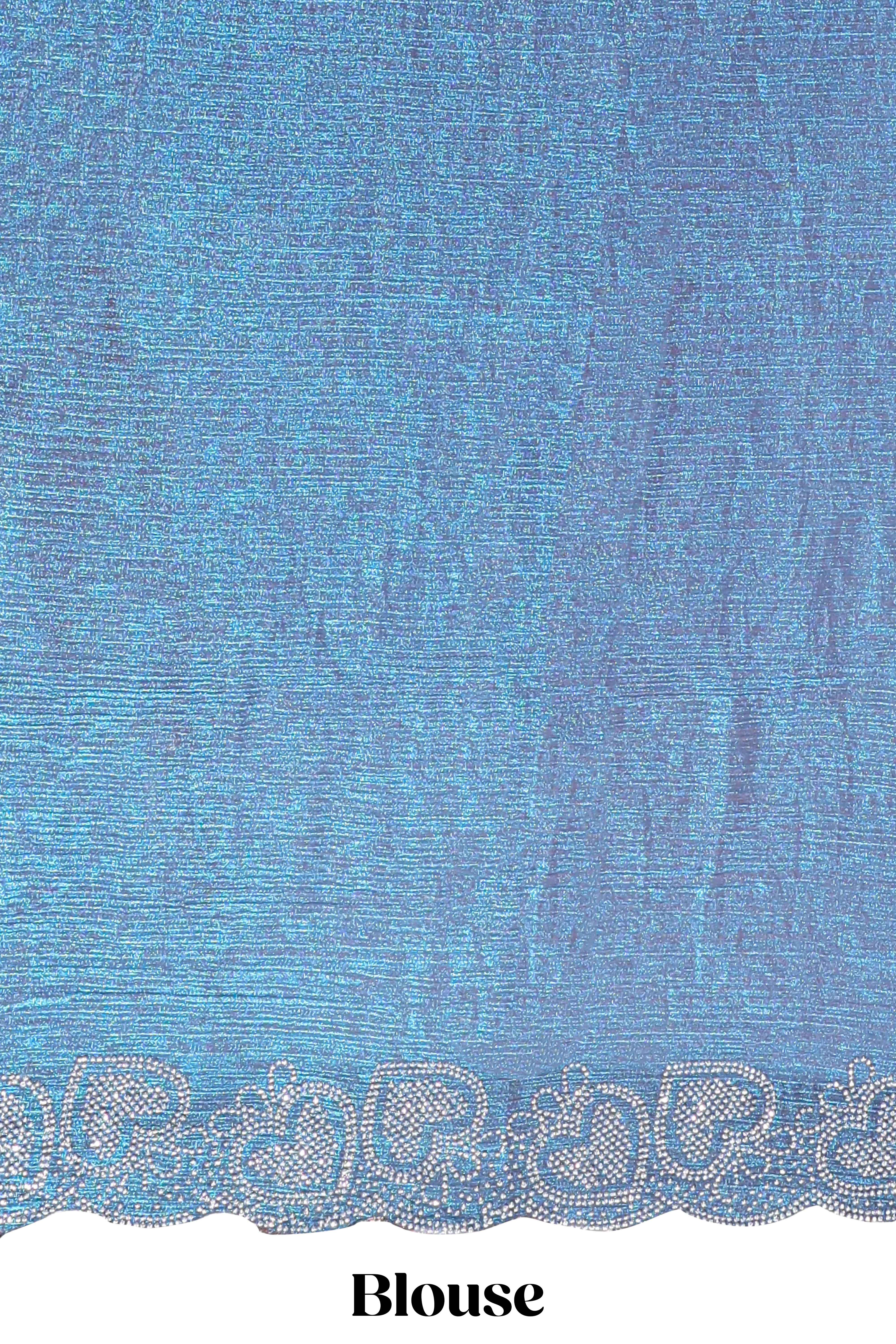 Blue stone work designer saree with self heartin design scallop border and matching blouse